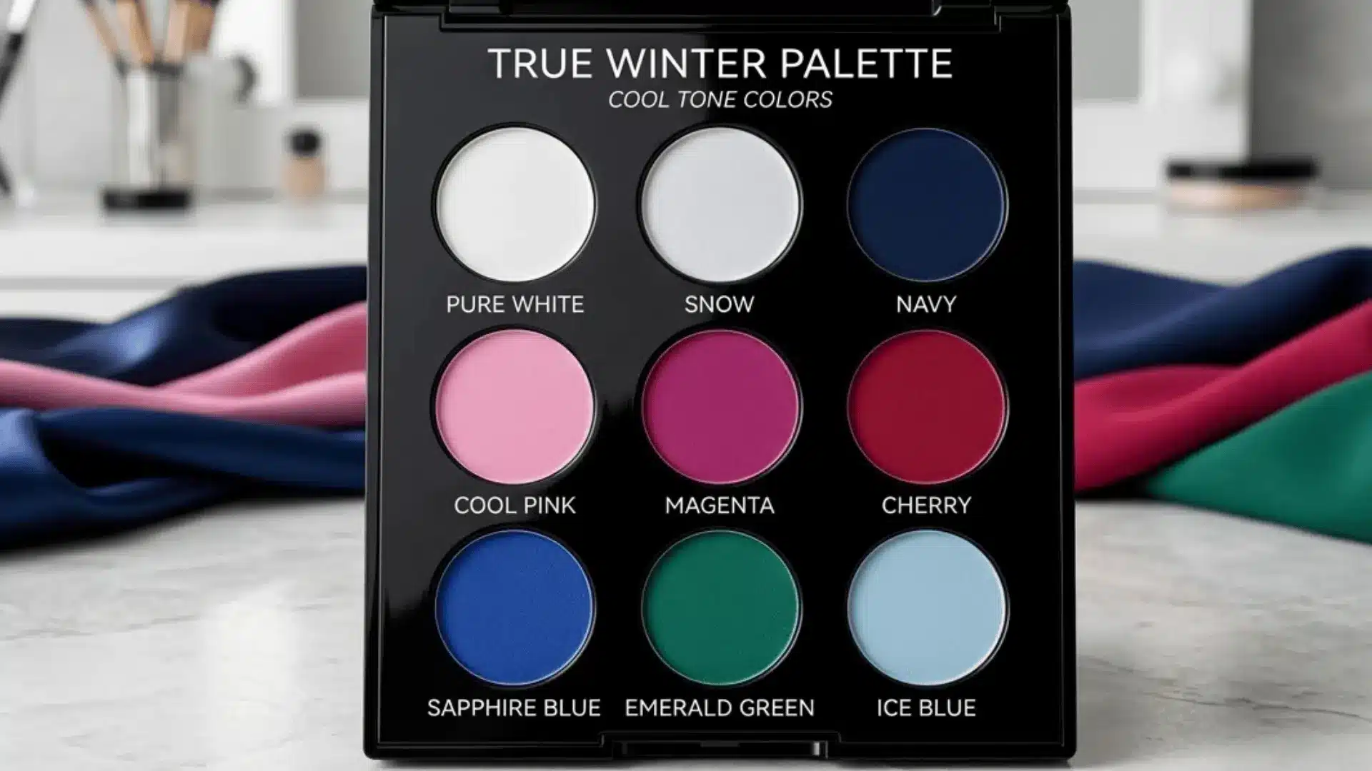 True winter color palette with cool tones including white navy pink magenta cherry and blue shades