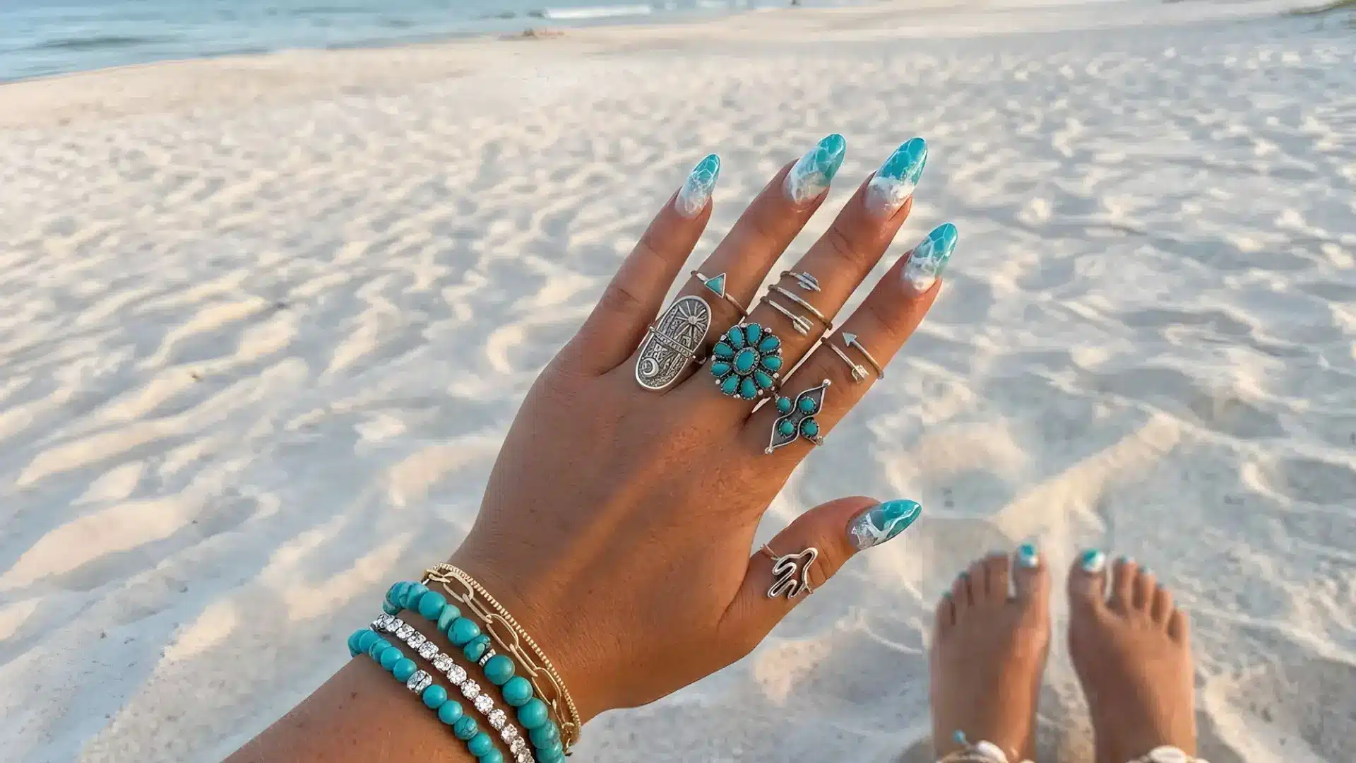 Turquoise ocean wave nail art with marble effect on almond nails paired with silver rings on sandy beach