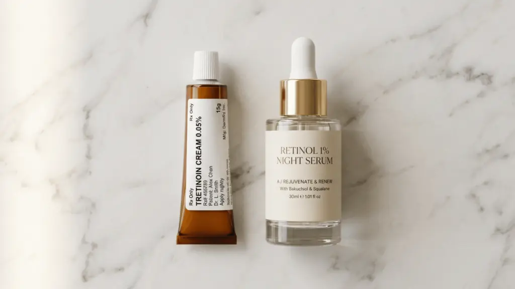 Two skincare products — a prescription tretinoin cream tube and a retinol night serum bottle, displayed side by side.