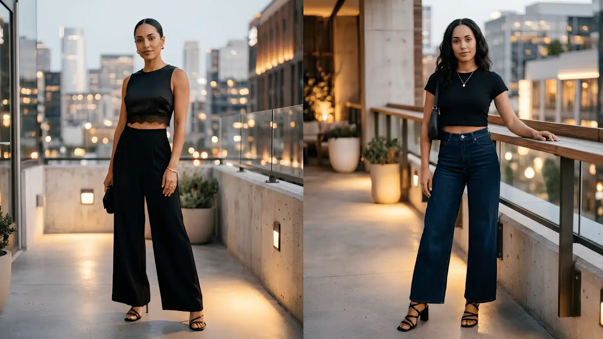 Two women in crop tops styled with wide-leg pants on a city rooftop