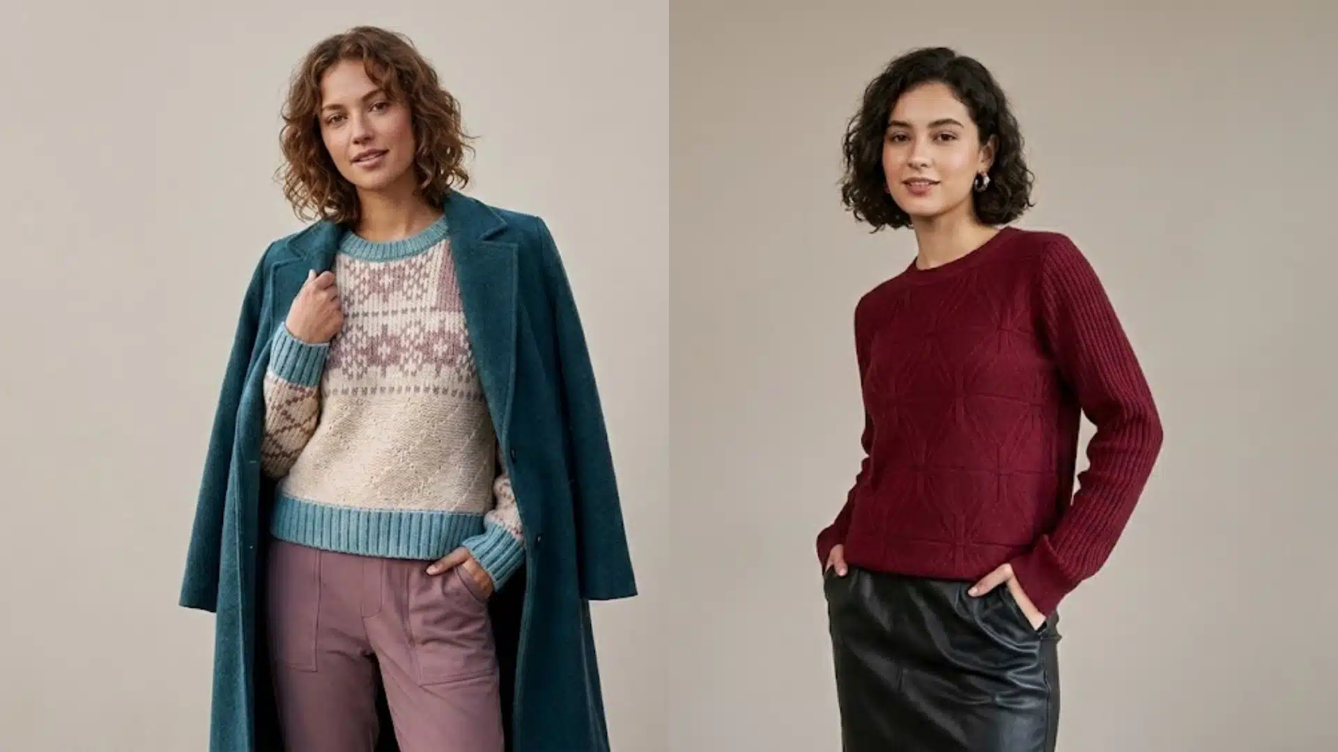 Two women wearing stylish acrylic knit sweaters with textured patterns and layered winter fashion outfits