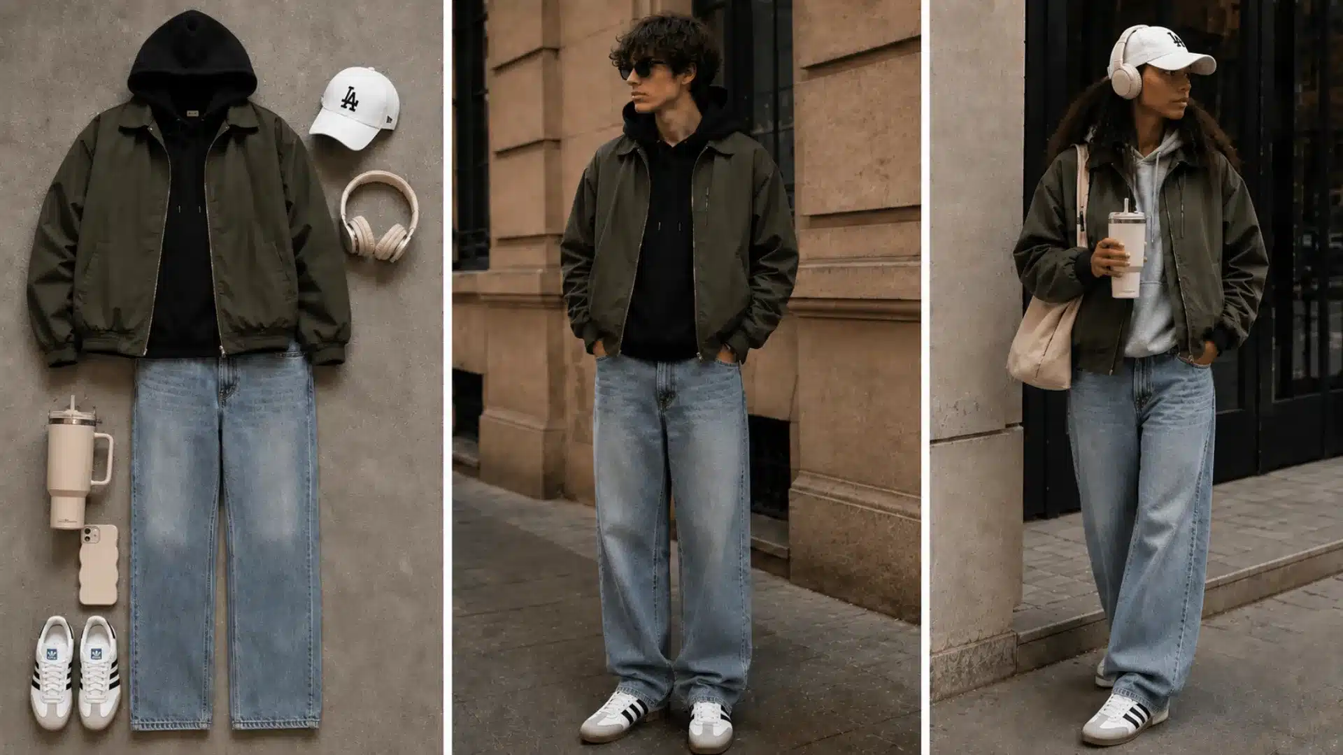 Urban hoodie jacket outfit collage with wide leg jeans, white cap, sneakers, and streetwear styling