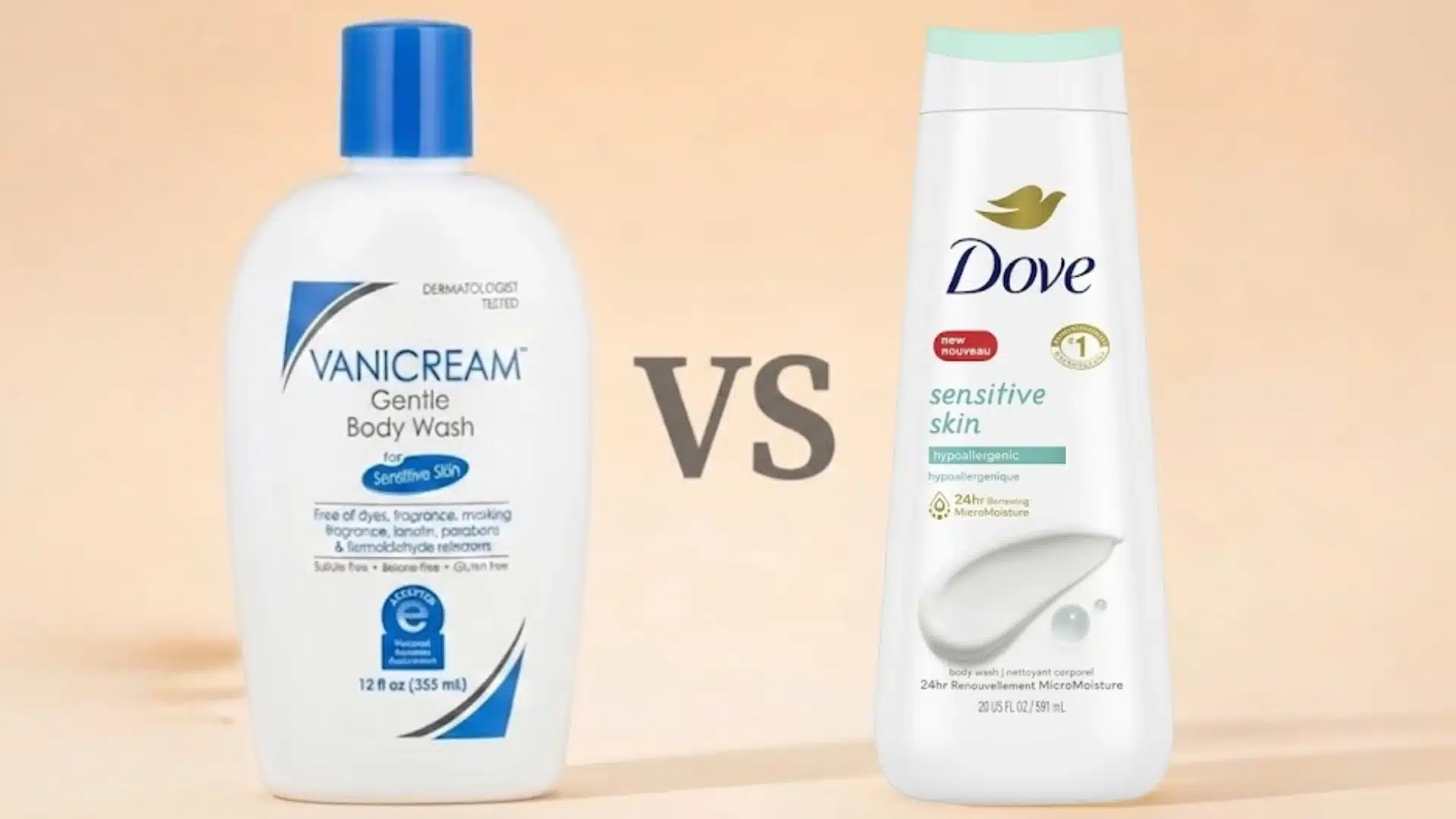 Vanicream Gentle Body Wash bottle next to a Dove Sensitive Skin body wash bottle, separated by