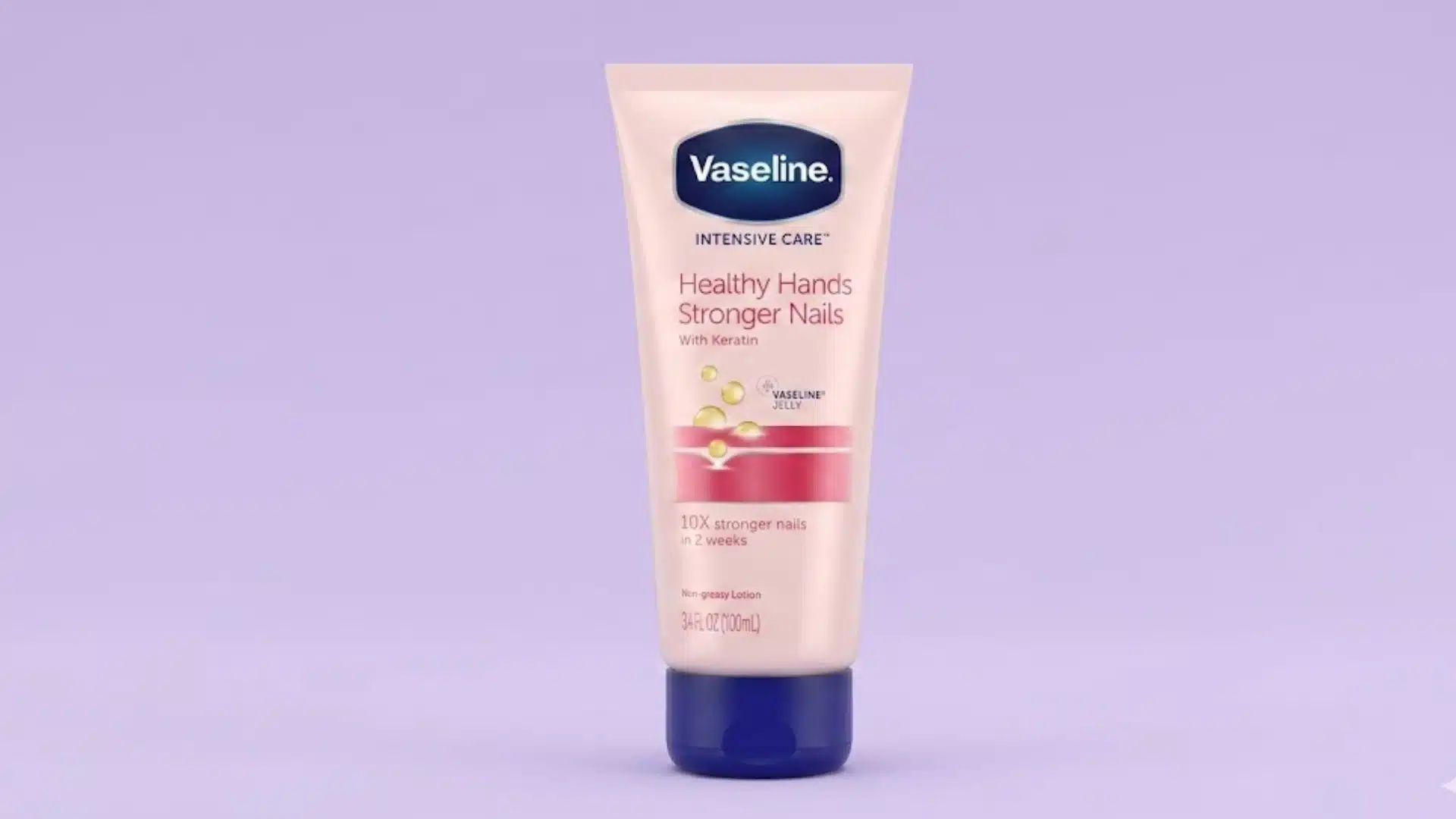 Vaseline Intensive Care Healthy Hands Stronger Nails lotion tube on a light purple background