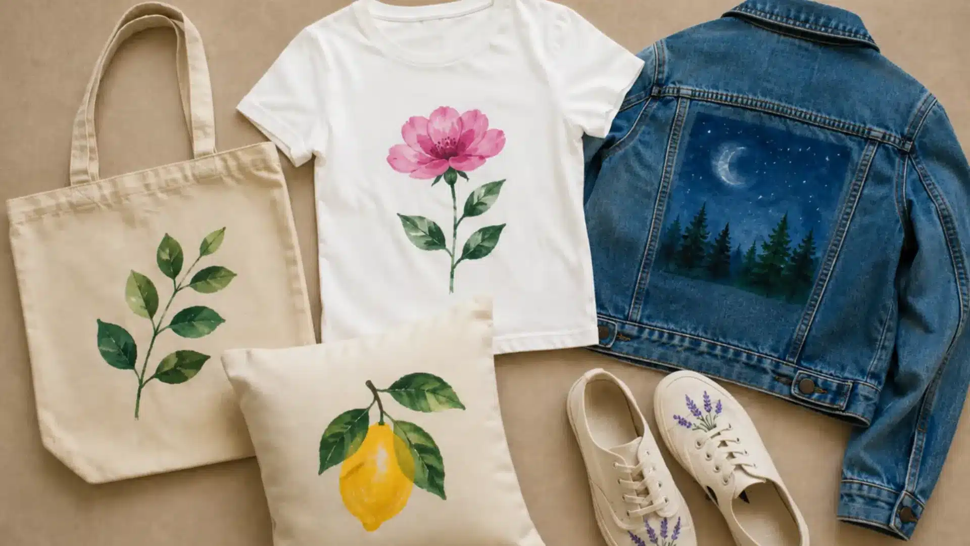 Vibrant acrylic paint projects on fabric painted tote bag, floral t-shirt, denim jacket, lemon pillow, and sneakers