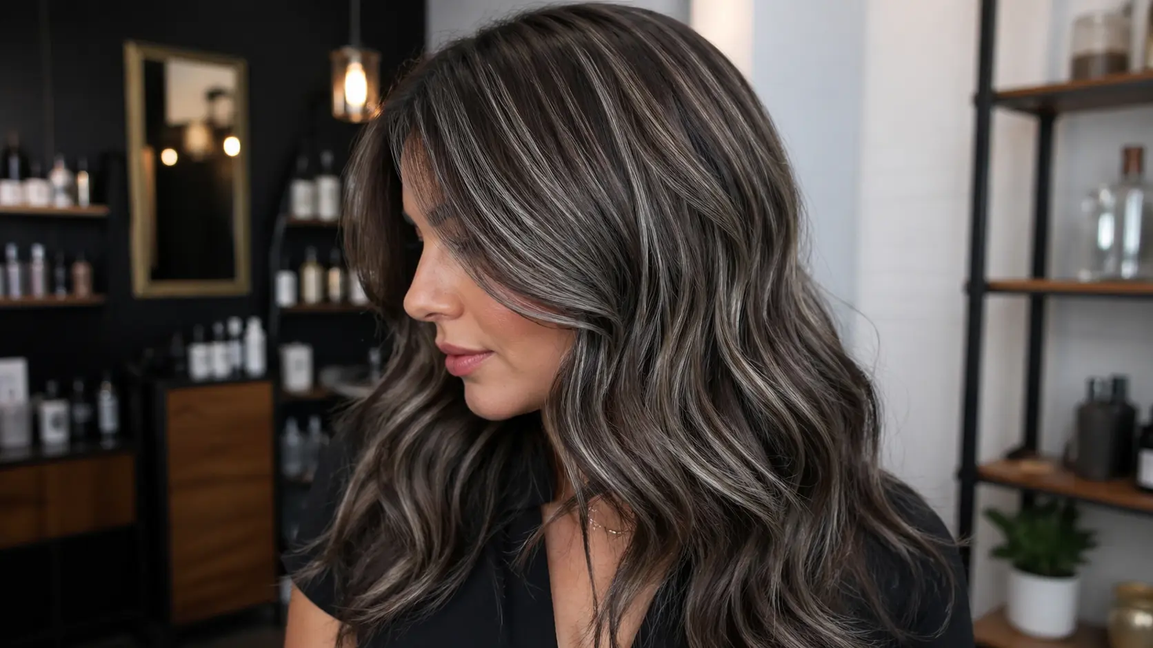 Wavy brunette hair with gray highlights and dark lowlights, styled in soft layers under salon studio lighting, natural shine and depth