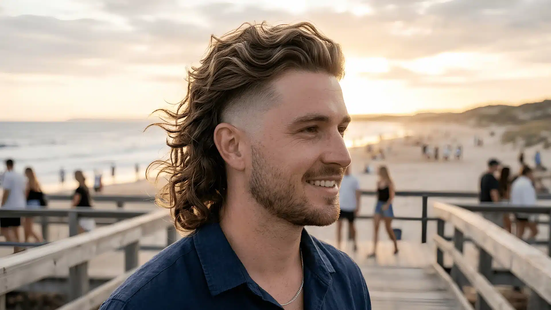 Wavy skin fade mullet with relaxed beach-inspired texture
