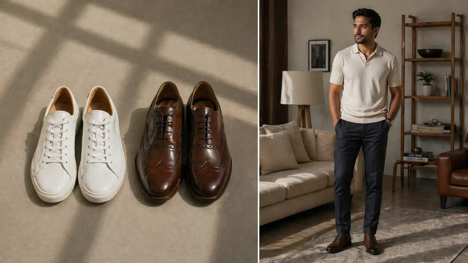White sneakers and brown shoes beside man styled in smart casual outfit indoors