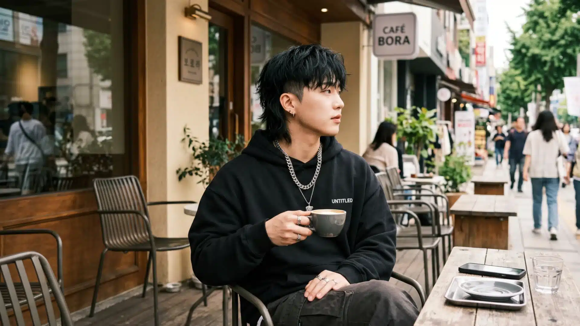 Wolf cut mullet fade hairstyle with layered texture, tapered sides, and casual street style at a café
