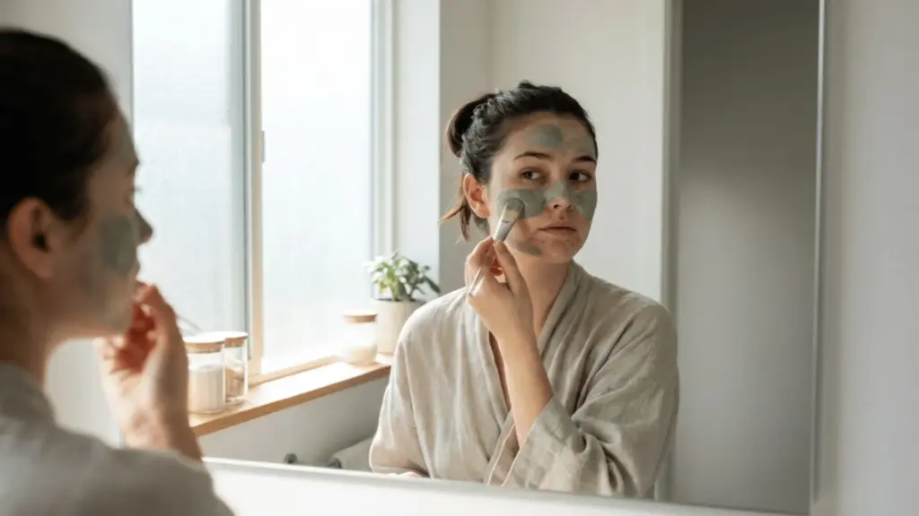 Woman applying clay face mask with brush in mirror during skincare routine for pore cleansing