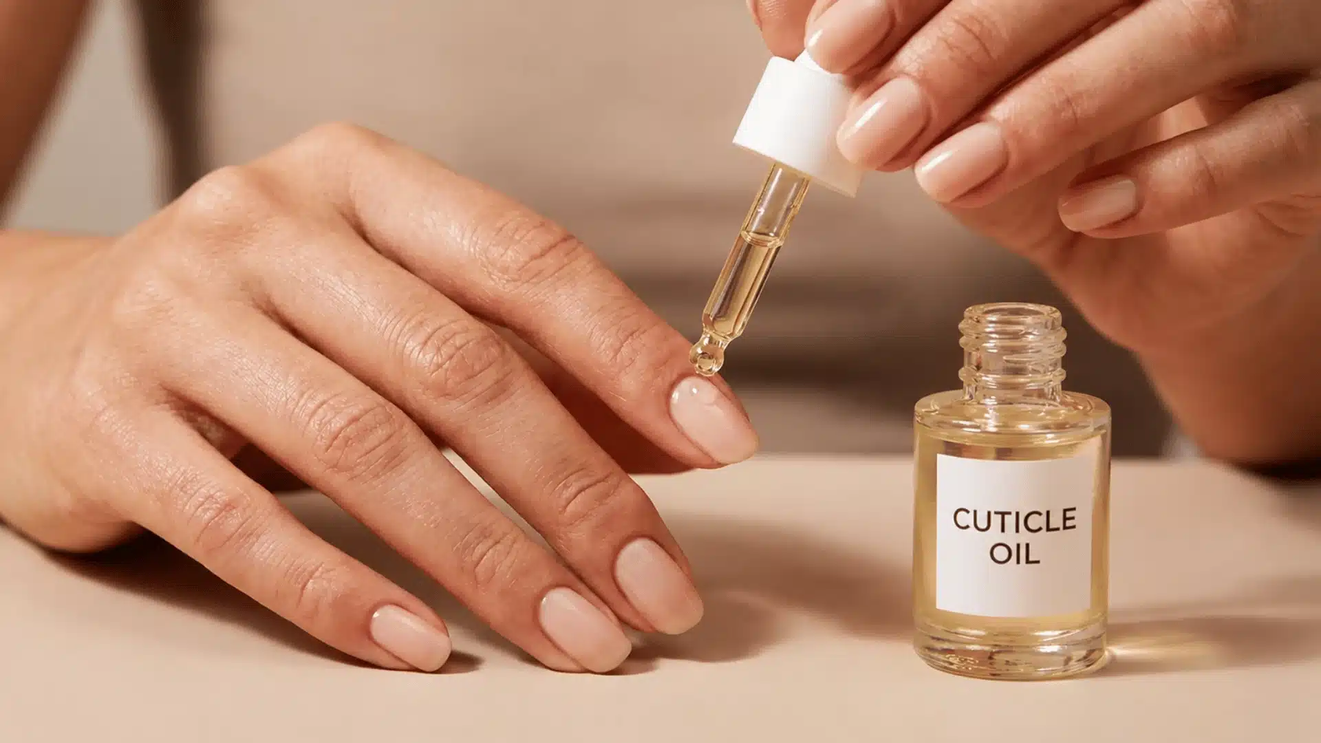 Woman applying golden cuticle oil to natural nails with a dropper beside a small bottle