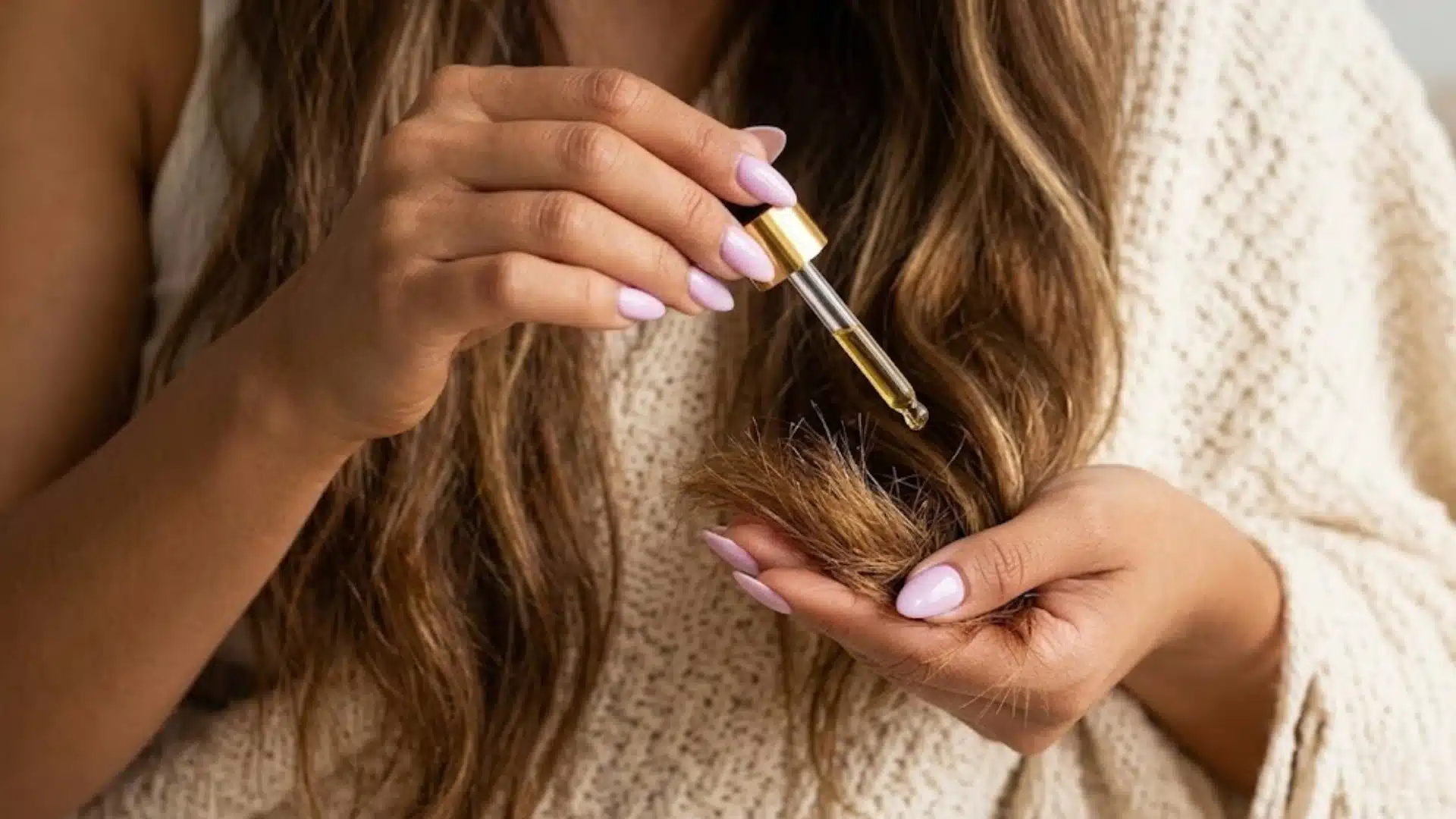 Woman applying hair oil to dry ends while showing damaged thin hair strands during a hair care routine