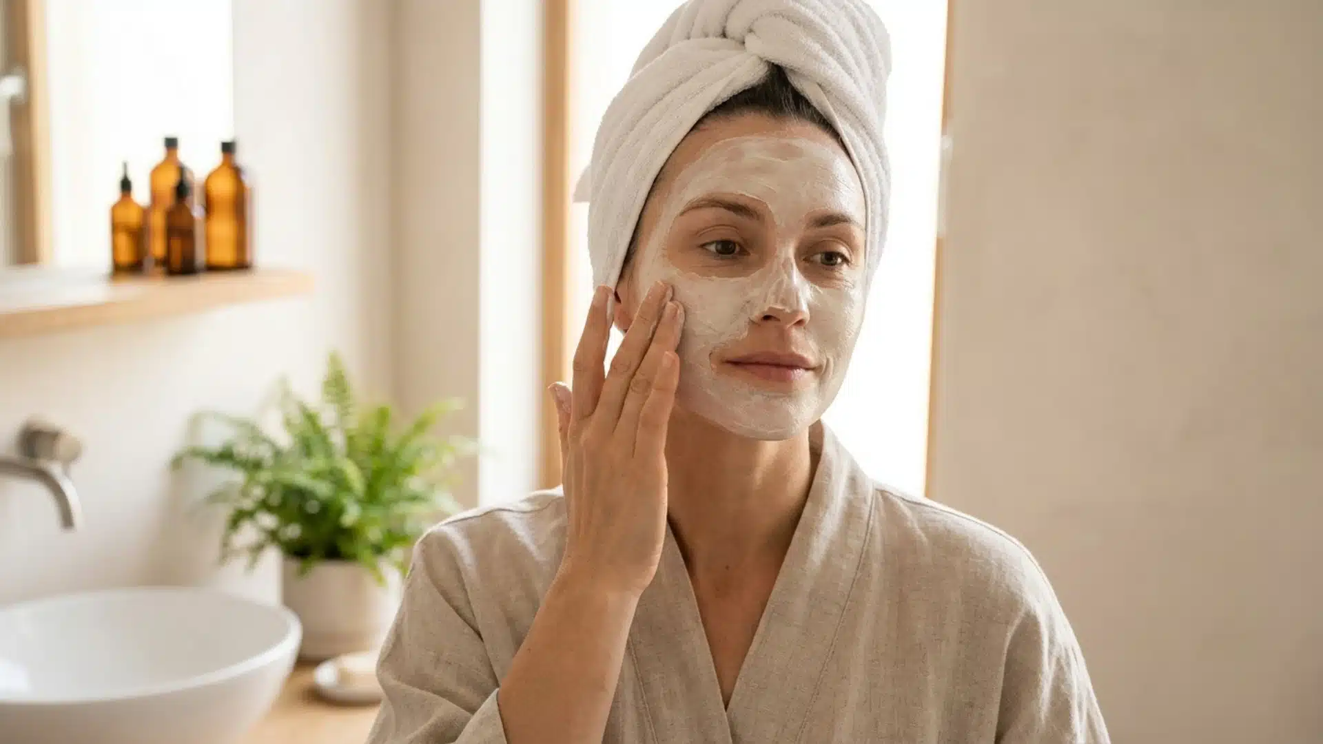 Woman applying mask as a weekly add-on for oily skin management
