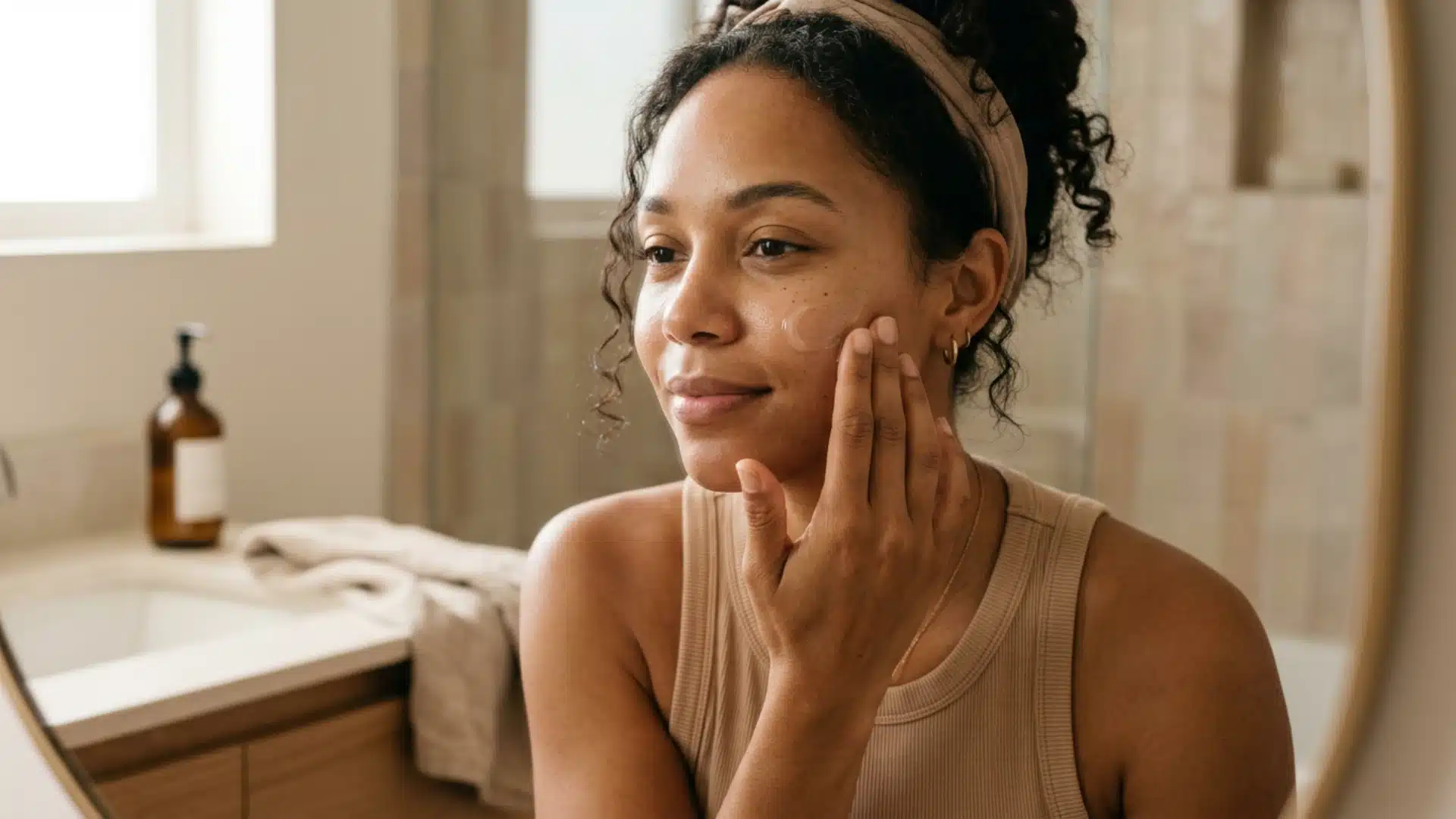 Woman applying moisturizer as part of her oily skin care routine