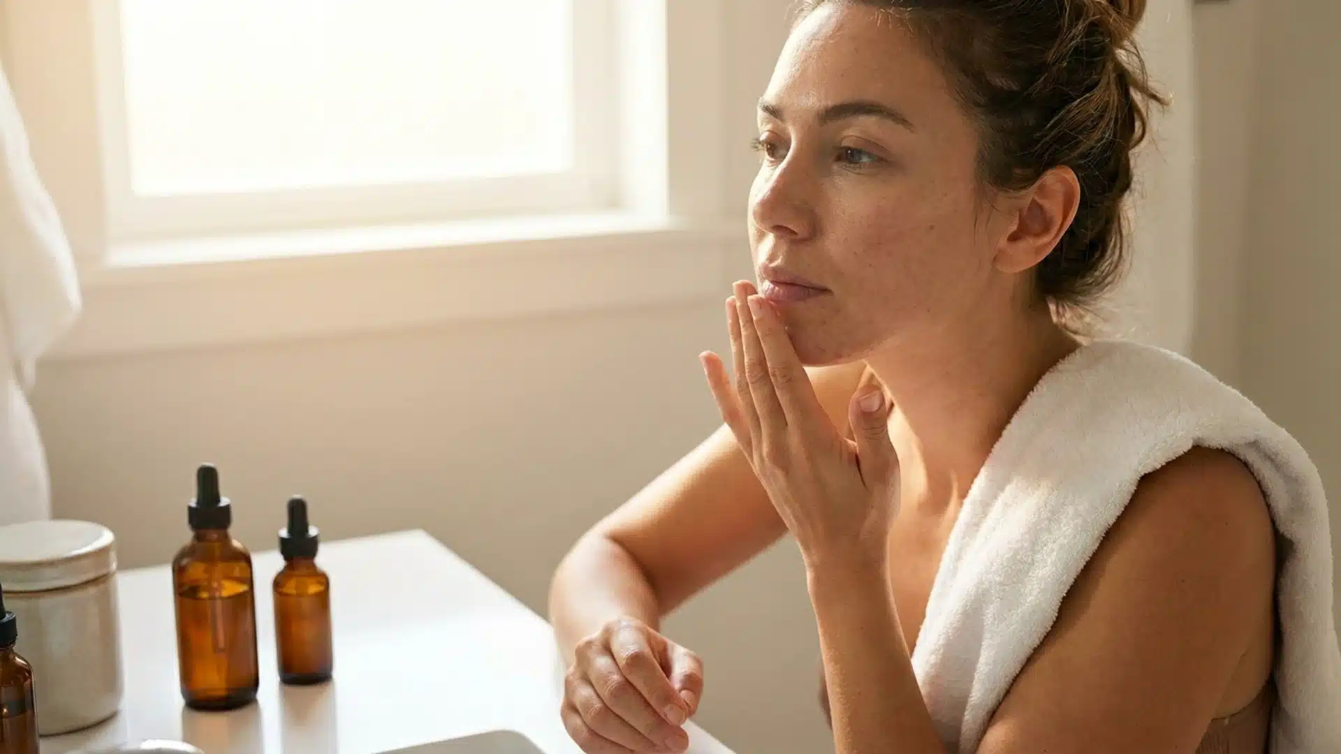 Woman applying serum near mouth area