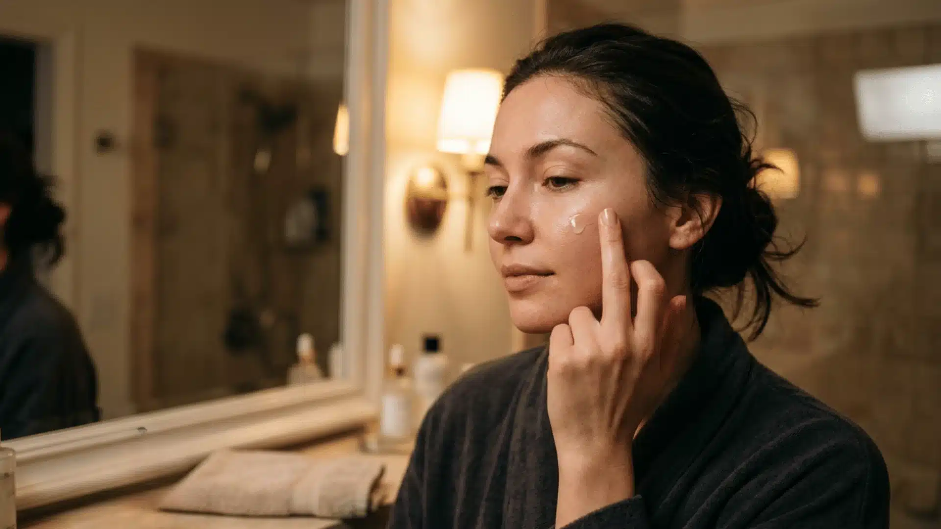 Woman applying serum to her face in front of bathroom mirror for skincare routine