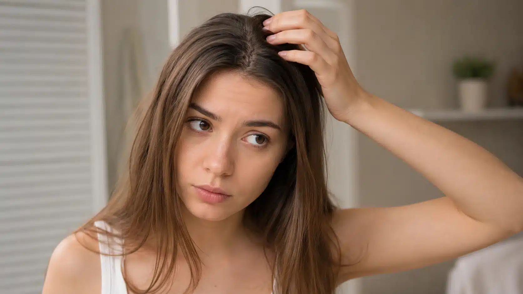 Woman checking hair condition to decide washing routine