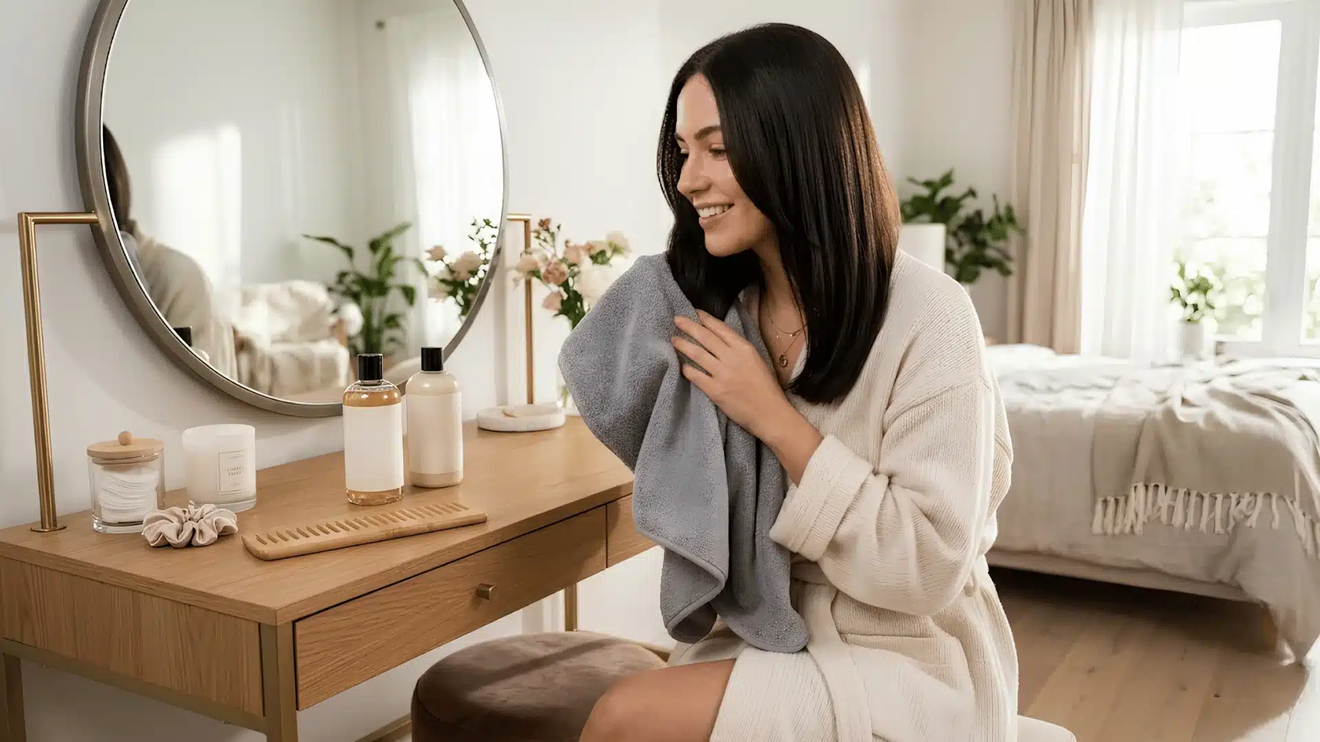 Woman drying keratin treated hair with microfiber towel