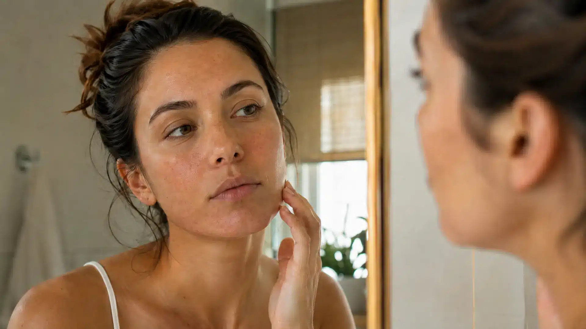 Woman examining uneven skin tone in bathroom mirror in morning light