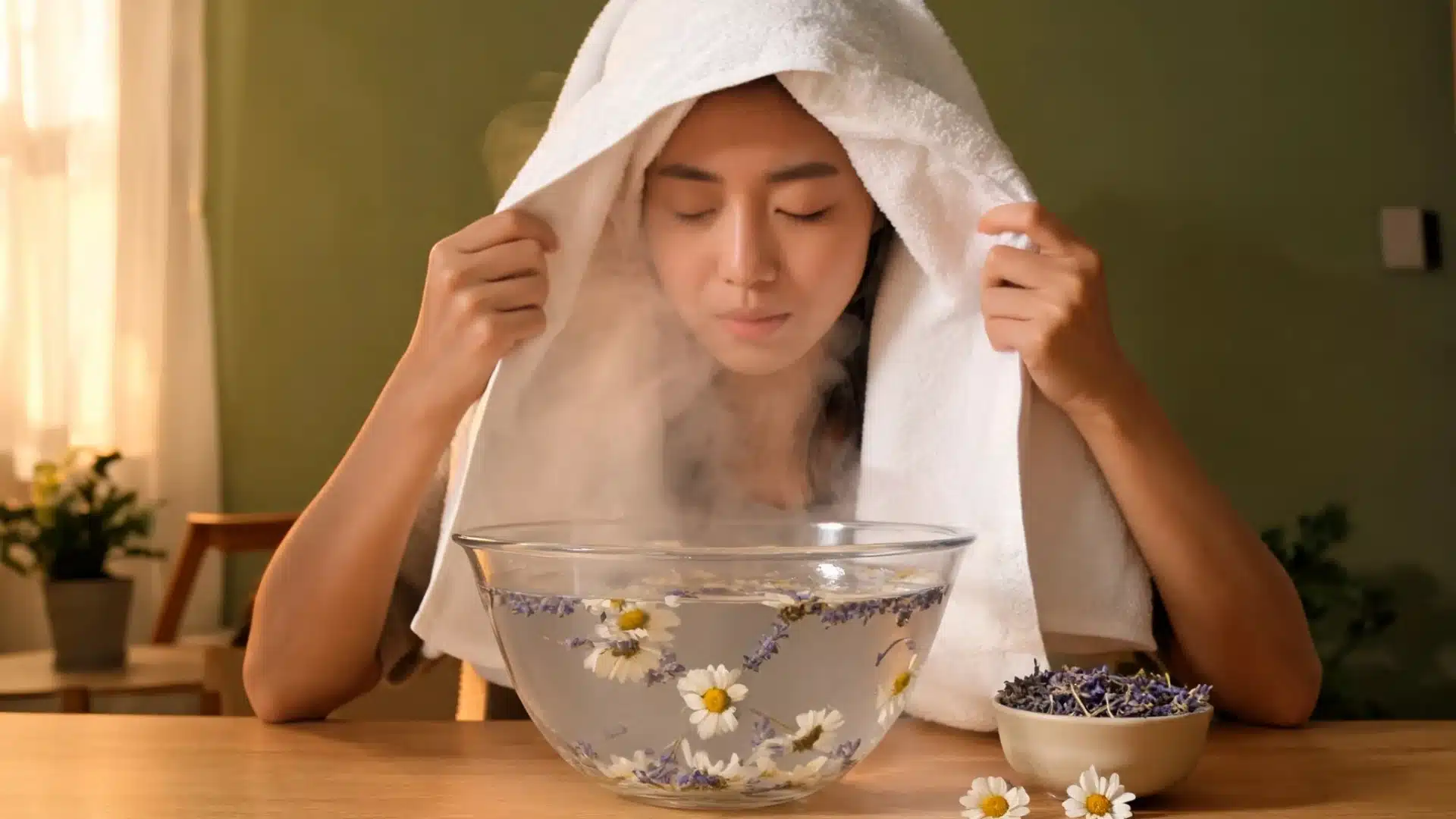 Woman facial steaming with a towel over her head above a glass bowl of chamomile and lavender at home