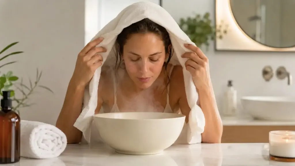 Woman holding a white towel over her head while steaming her face over a bowl in a spa bathroom