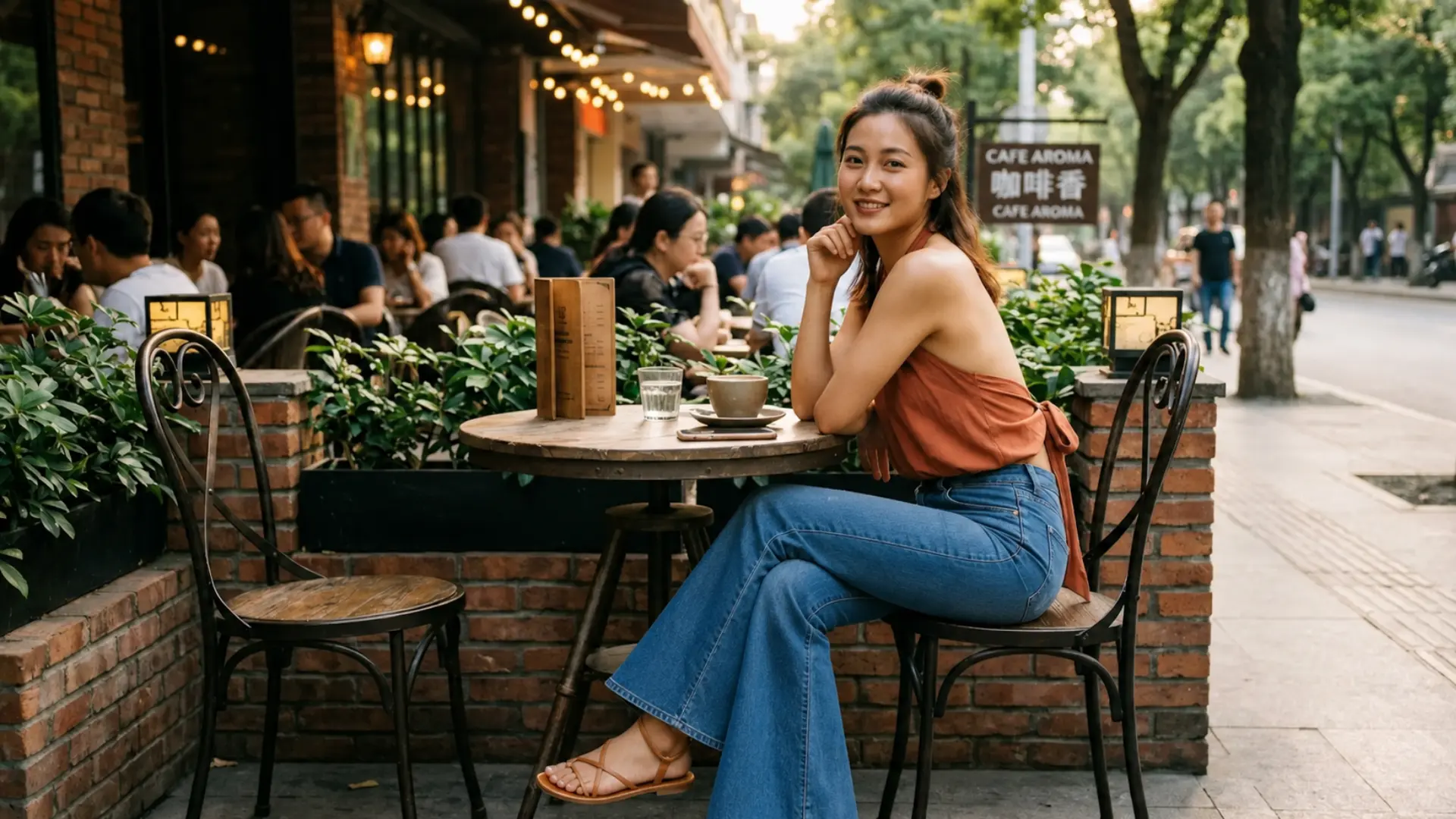 Woman in a flowy halter top and flare jeans sitting at a cozy outdoor street café