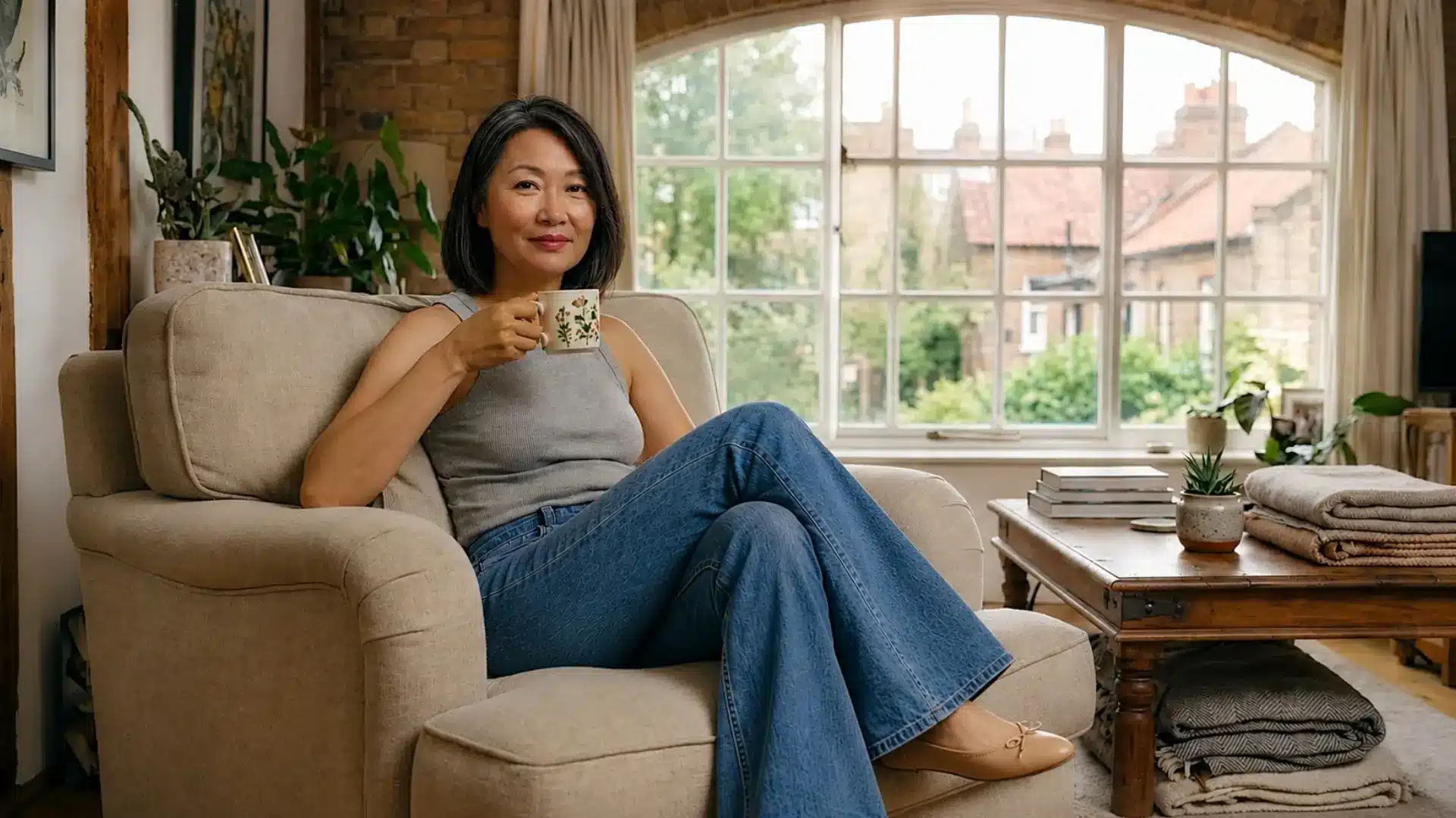 Woman in a ribbed tank and flared jeans relaxing in a cozy sunlit living room chair