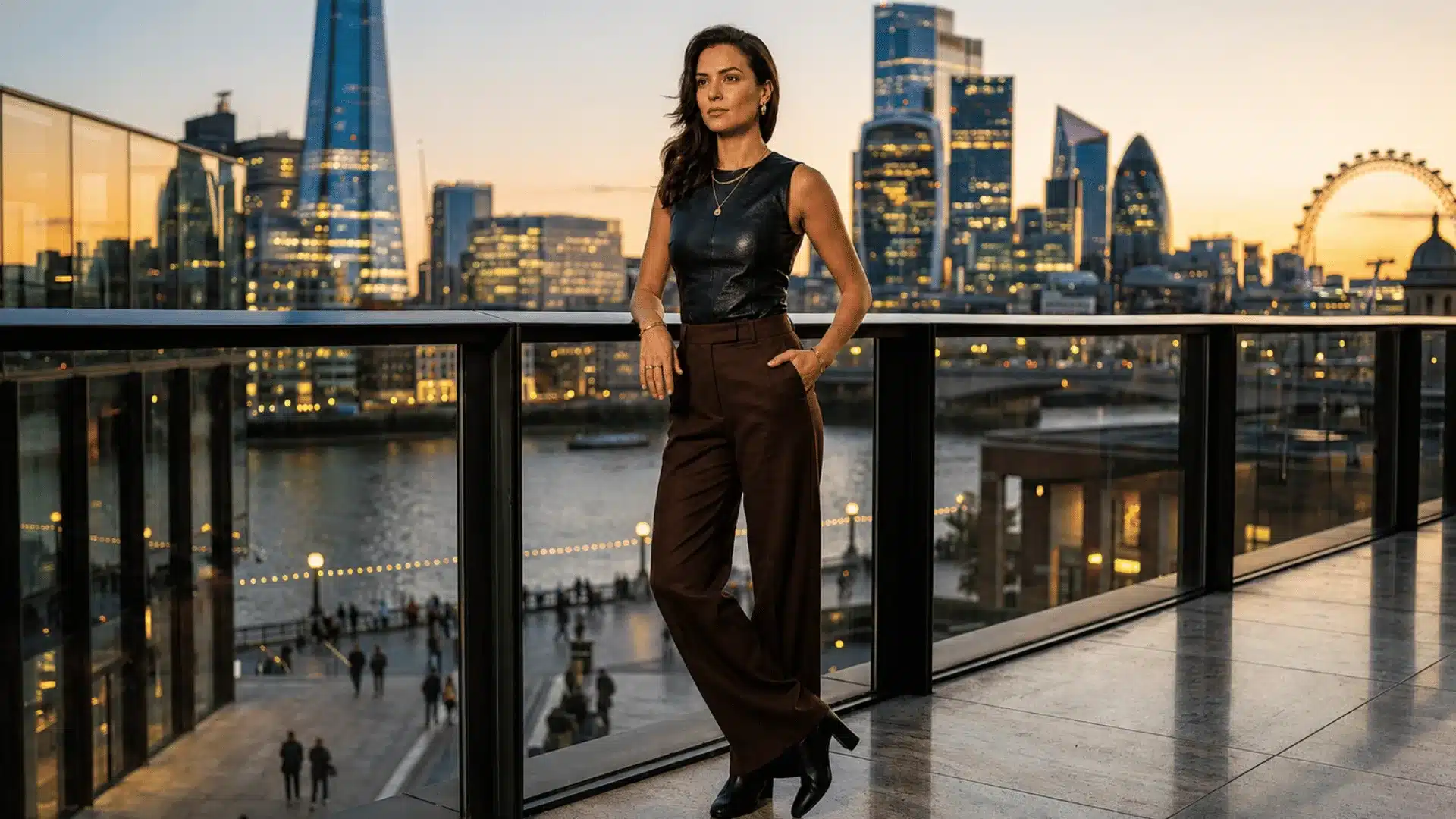Woman in black leather top and dark brown pants