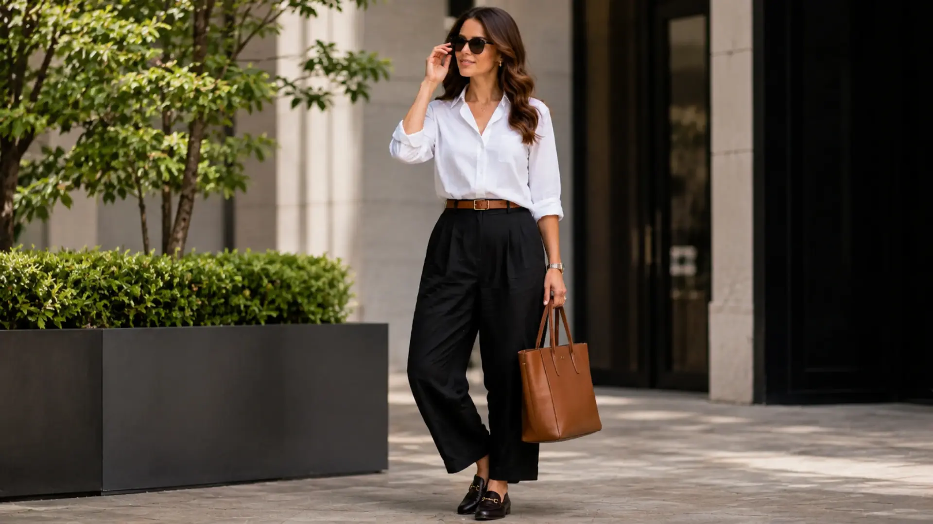 Woman in black linen pants and white button-down carrying a work tote near an office