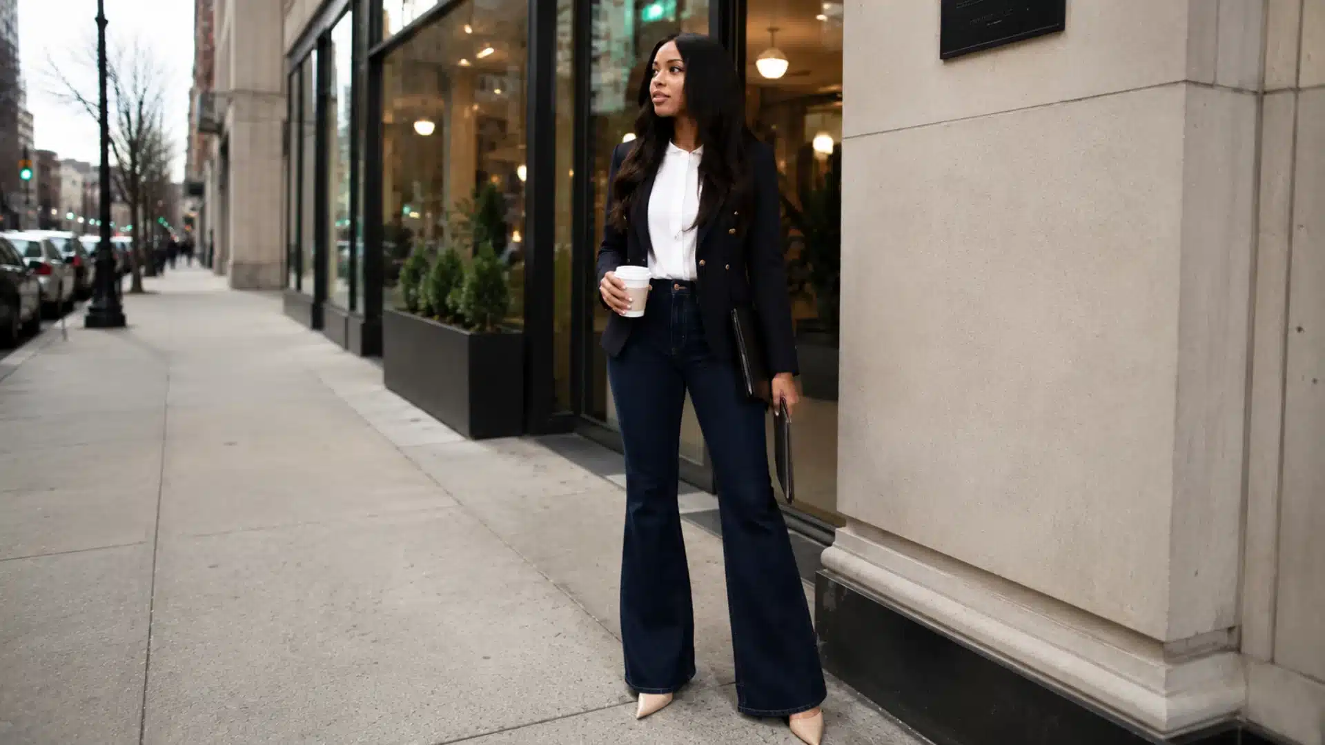 Woman in blazer and flare jeans standing on a modern city sidewalk with a coffee cup.