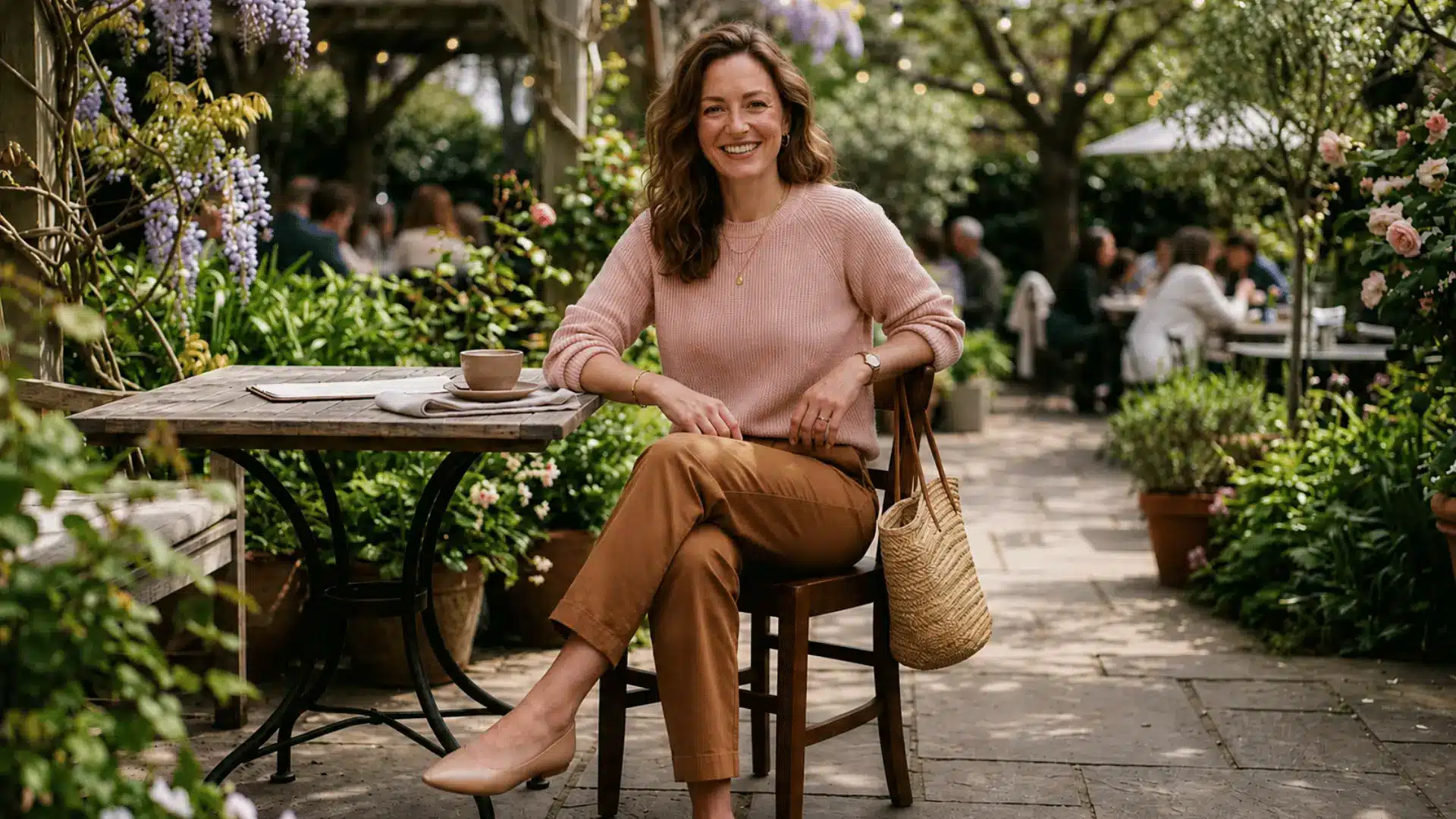 Woman in blush pink top with caramel brown pants