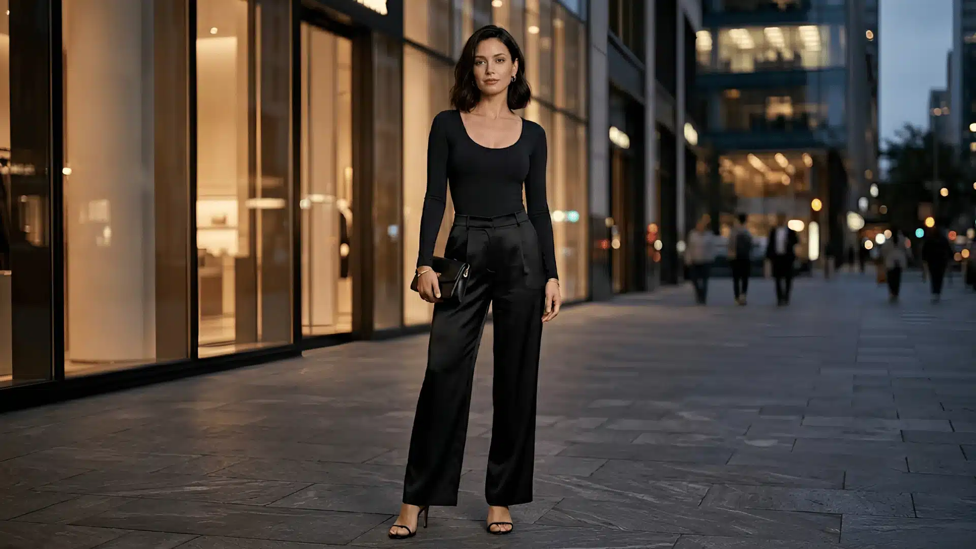 Woman in bodysuit and satin wide-leg pants walking in a dimly lit restaurant
