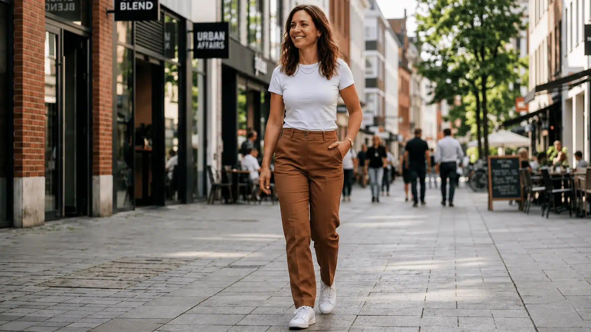 Woman in brown pants with white tee and white sneakers outdoors