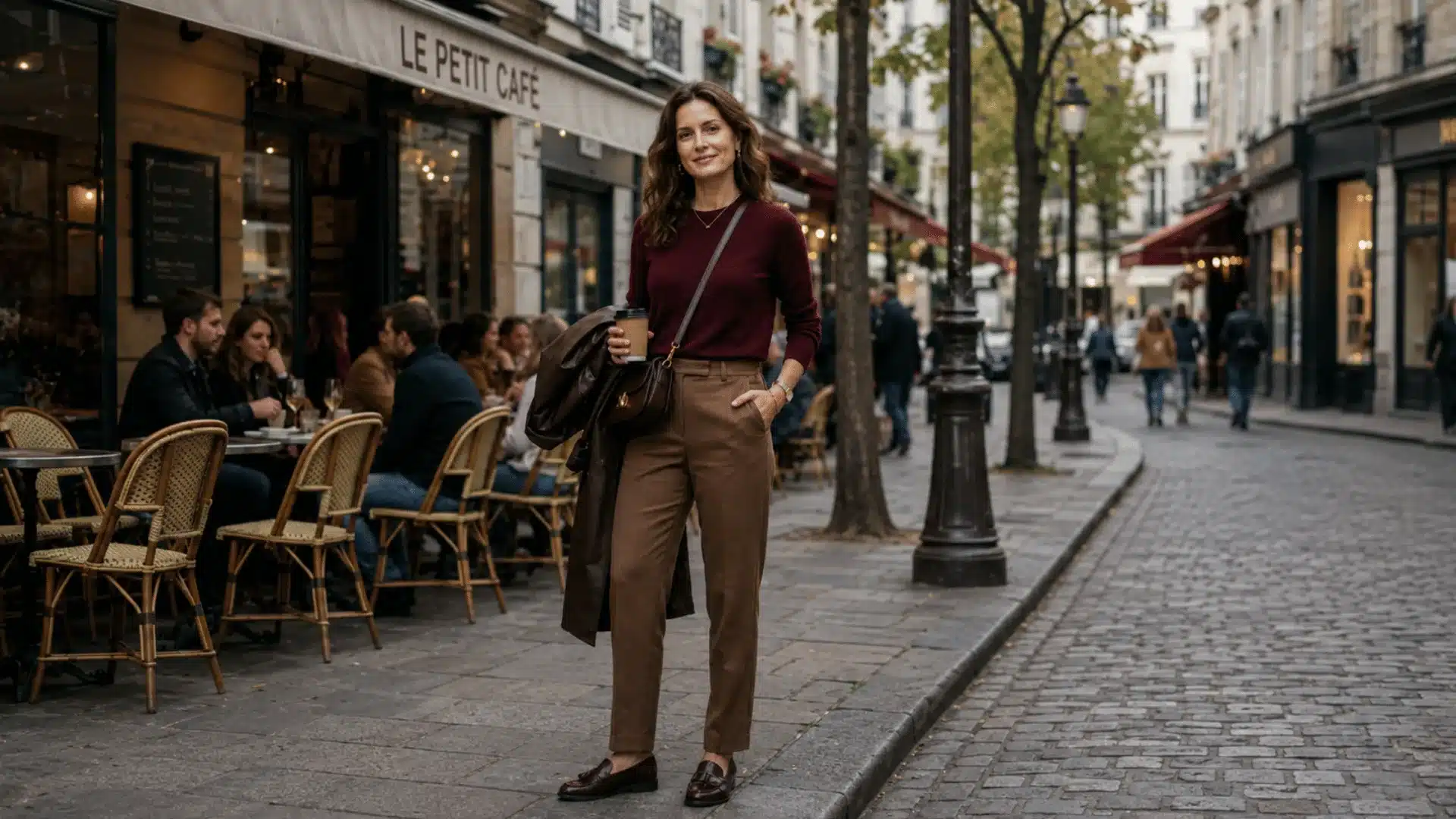 Woman in burgundy top with brown tailored trousers