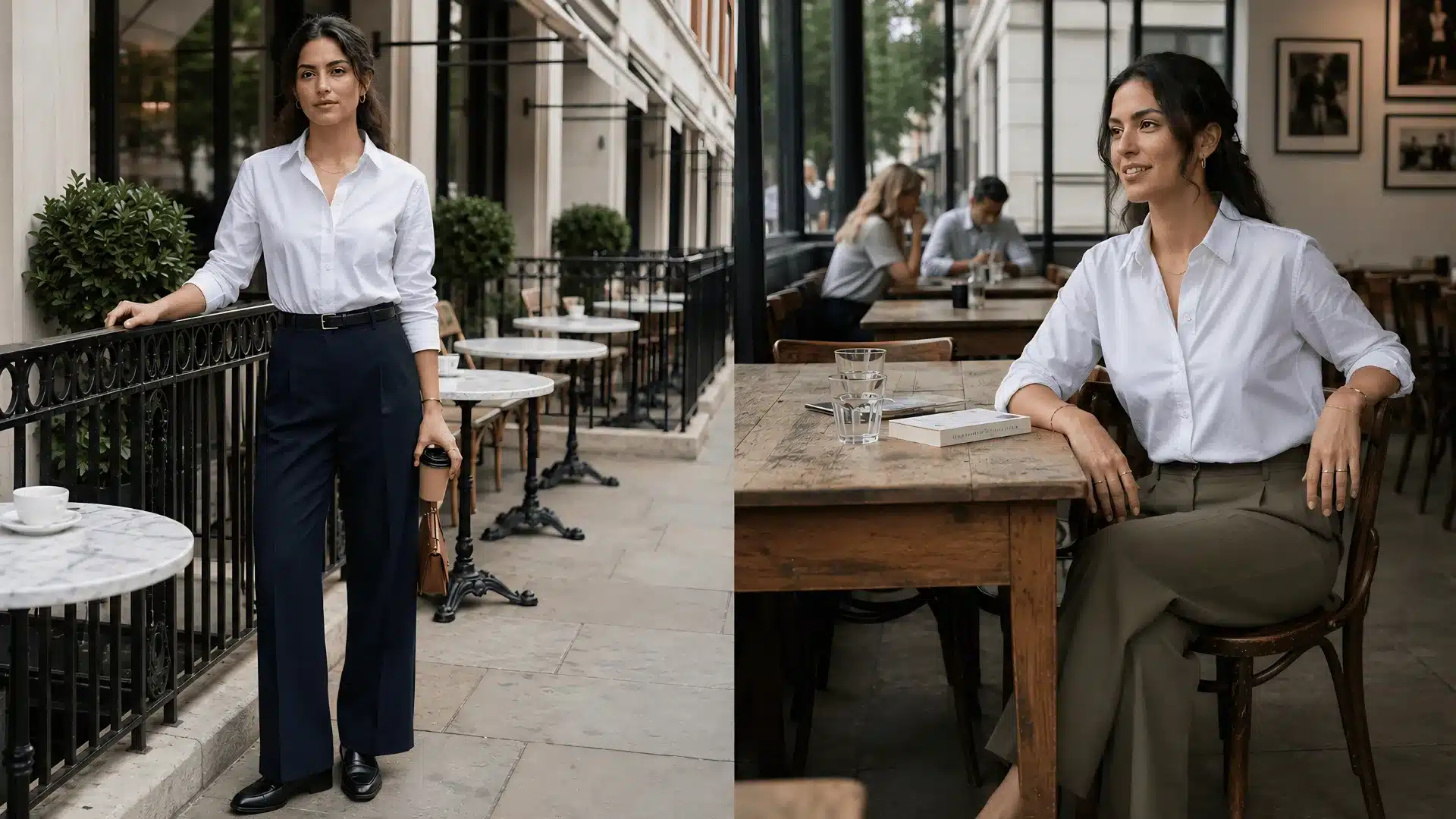 Woman in button-down shirt tucked into wide-leg trousers in a minimal room