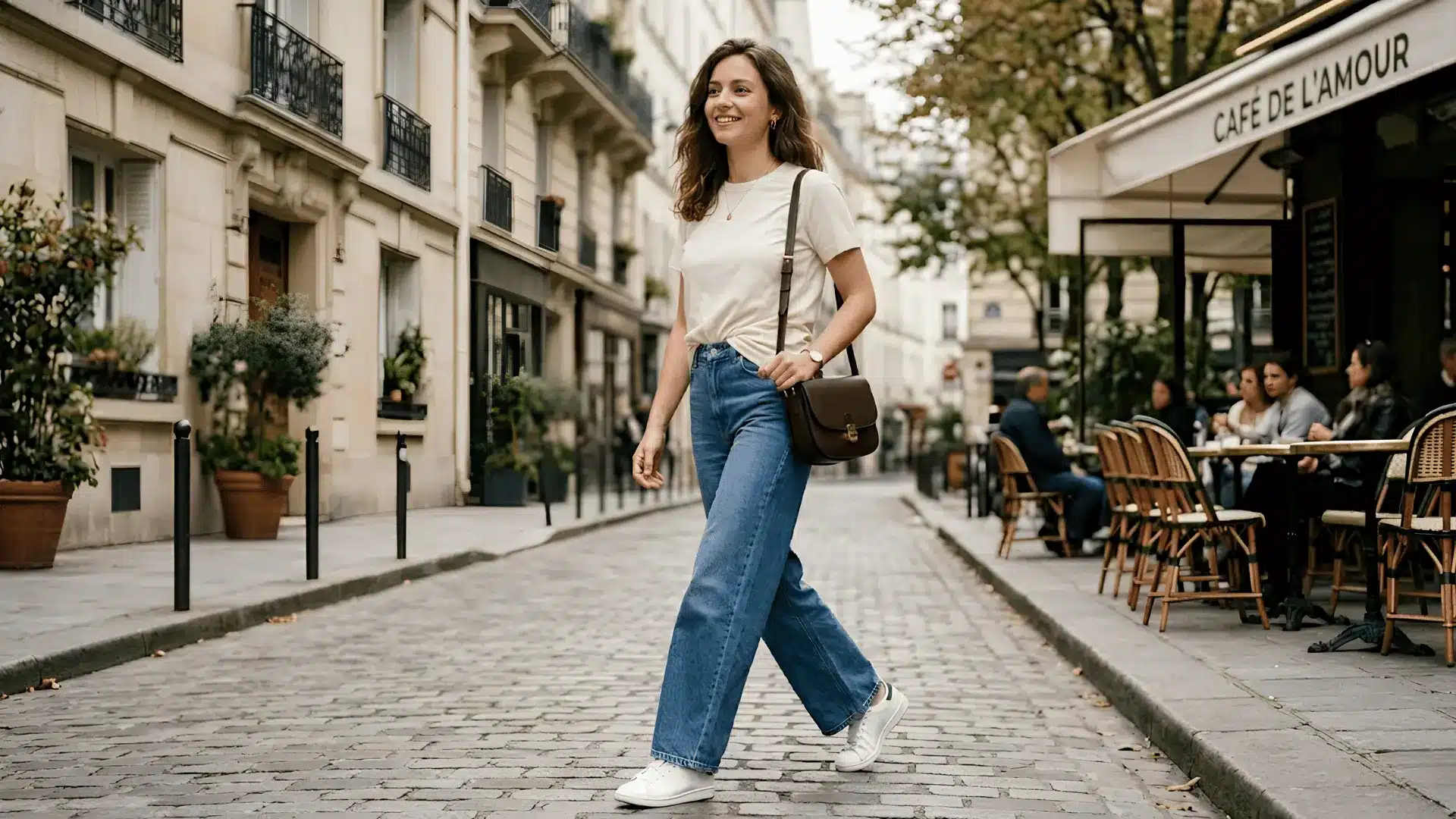 Woman in casual tee with wide-leg jeans walking on a European street