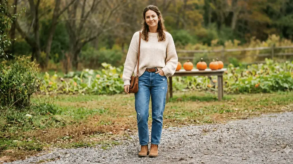 Woman in cozy cream sweater and straight jeans pumpkin patch outfit