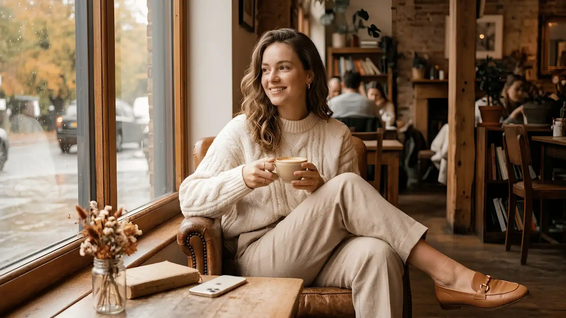 Woman in cream sweater and tan brown trousers indoors