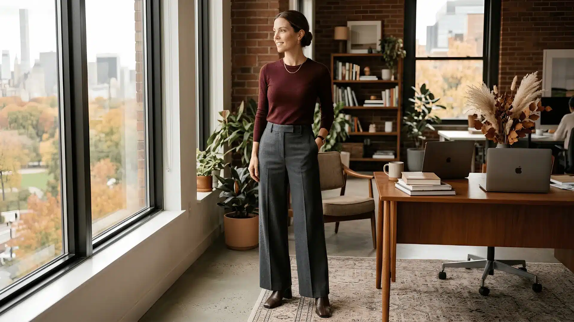 Woman in fitted burgundy top and wide-leg trousers standing in a modern office with large window and city view