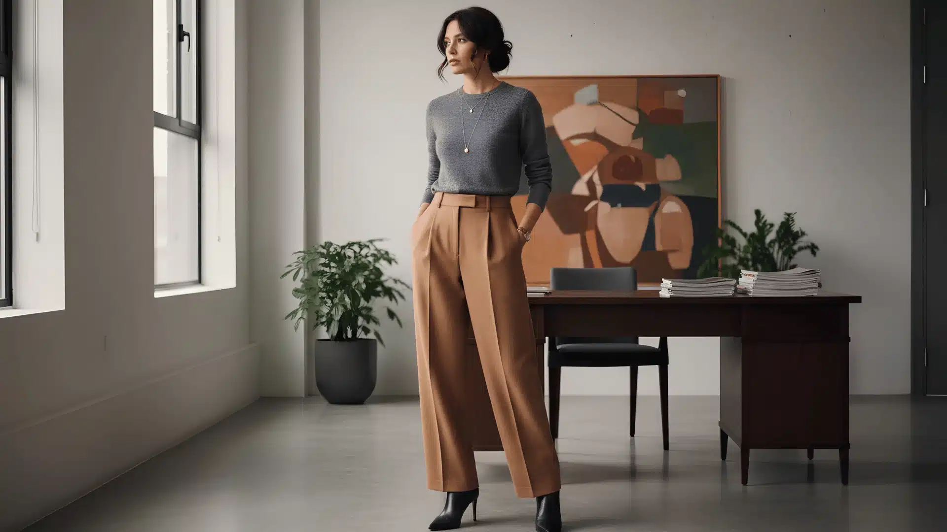 Woman in fitted sweater tucked into wide-leg trousers in a modern office