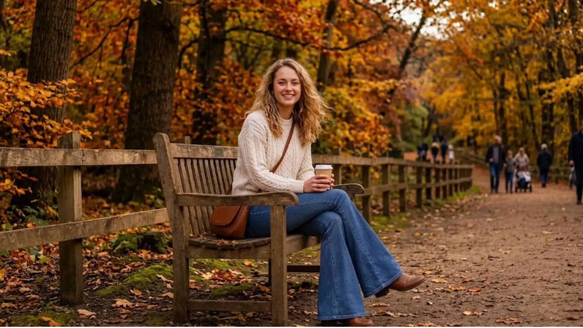 Woman in flare jeans and a knit sweater sitting on a bench in a colorful autumn park