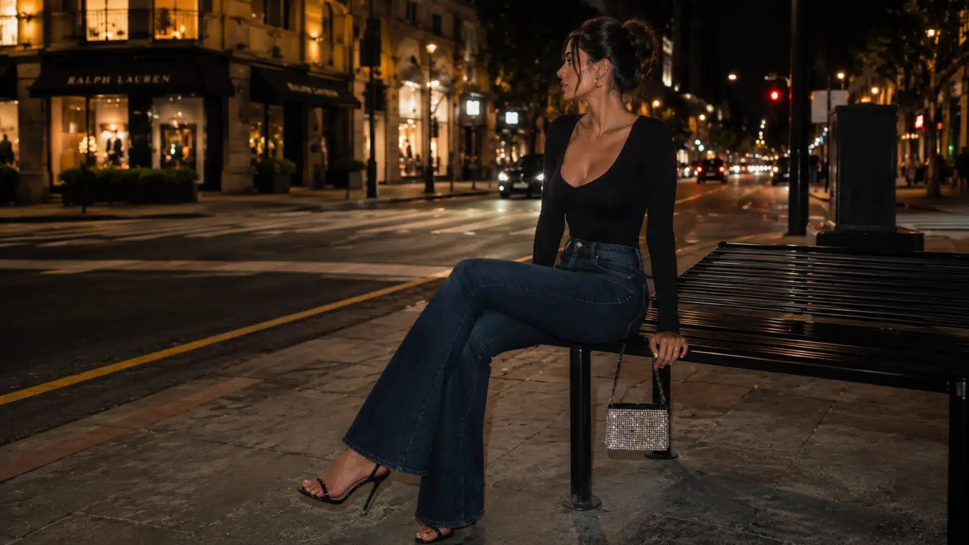 Woman in flare jeans and black bodysuit sitting on bench at night with heels and shimmery bag