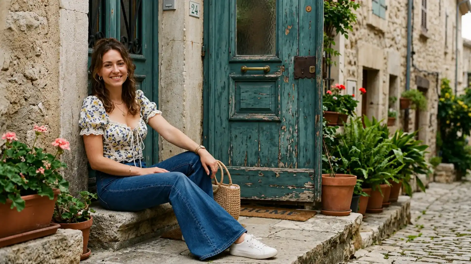 Woman in flare jeans and floral top sitting by a rustic blue door in a charming village