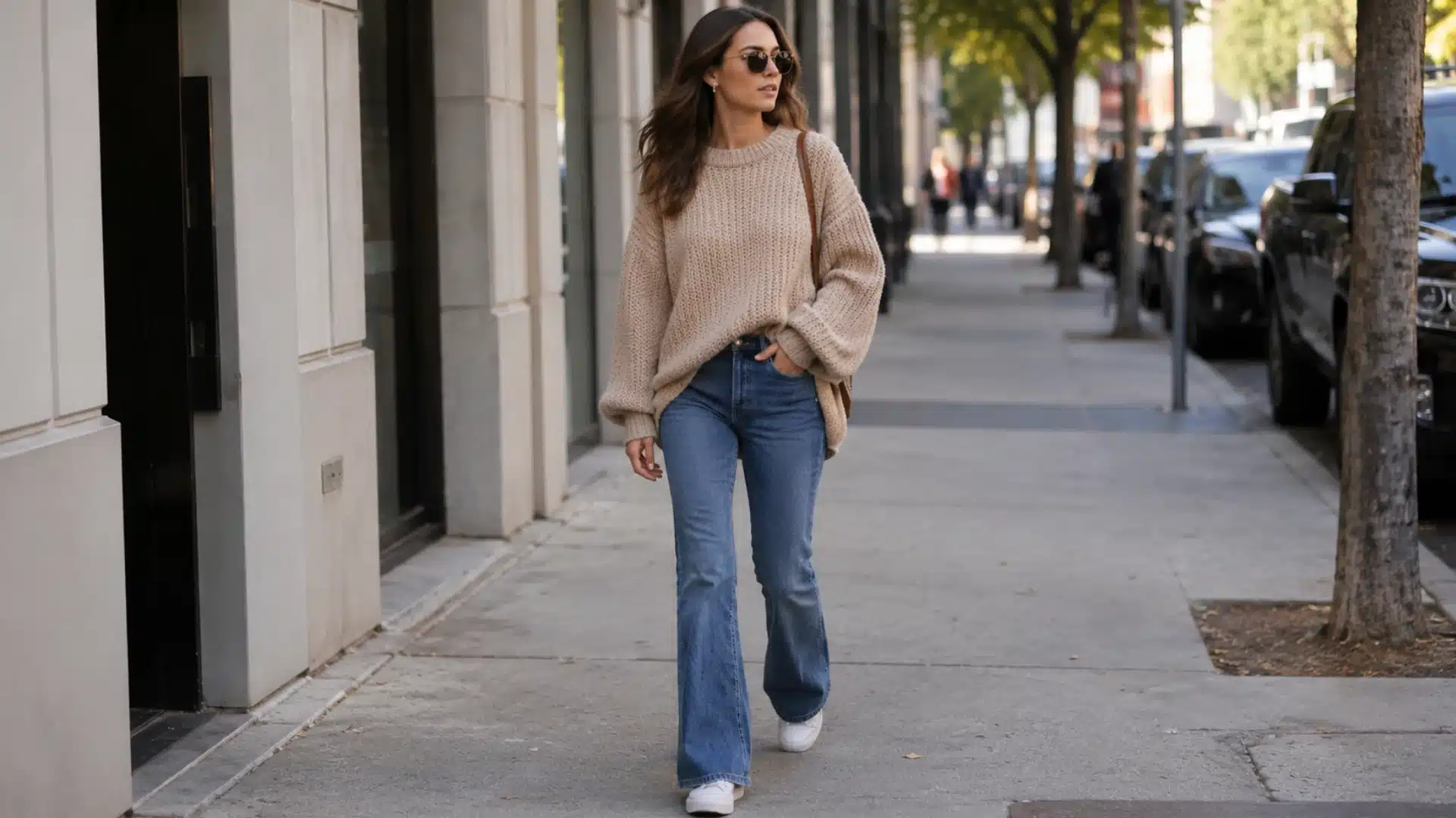 Woman in flare jeans and oversized knit sweater walking on a real city street in white sneakers