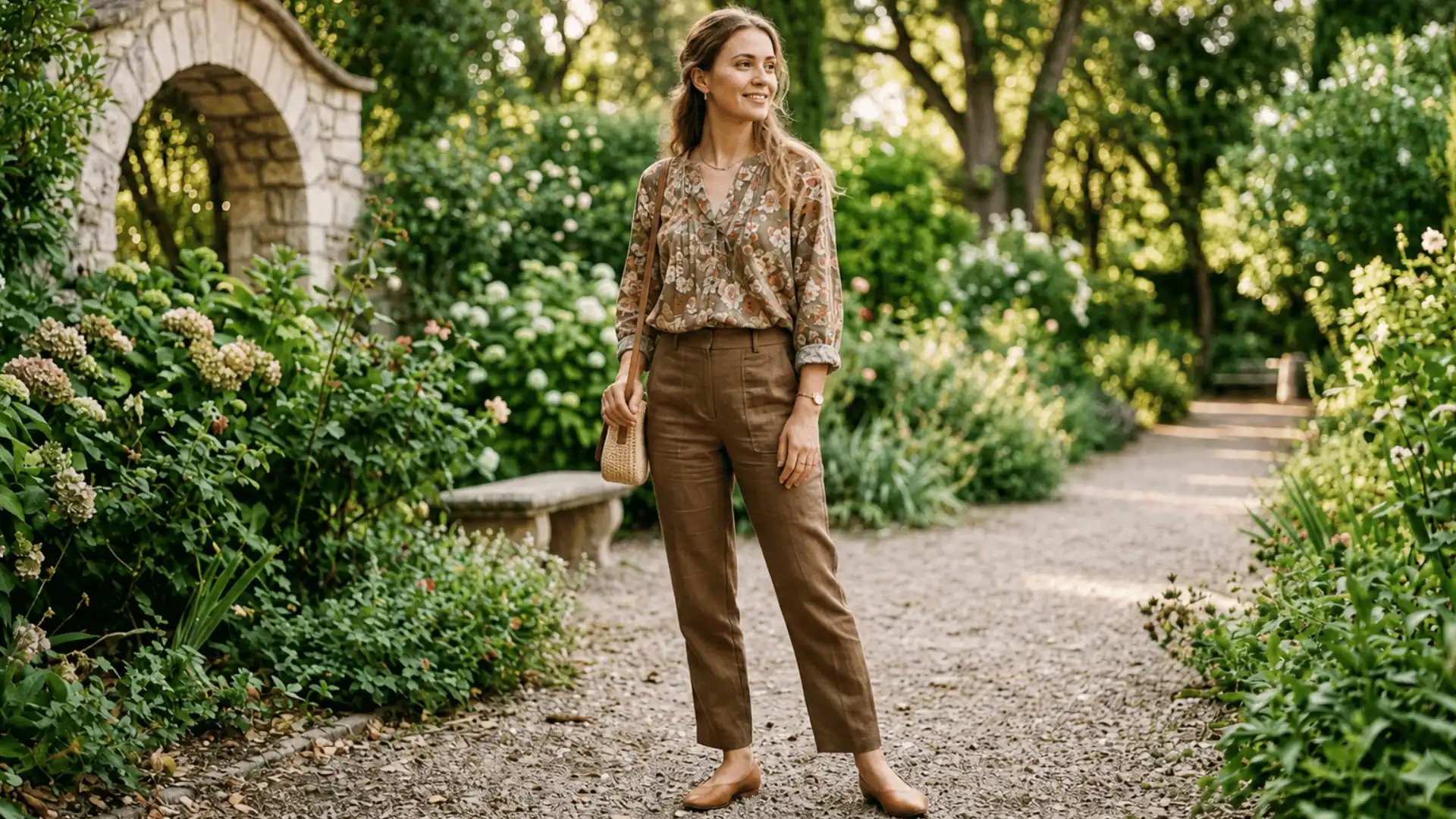 Woman in floral blouse with brown trousers outdoors