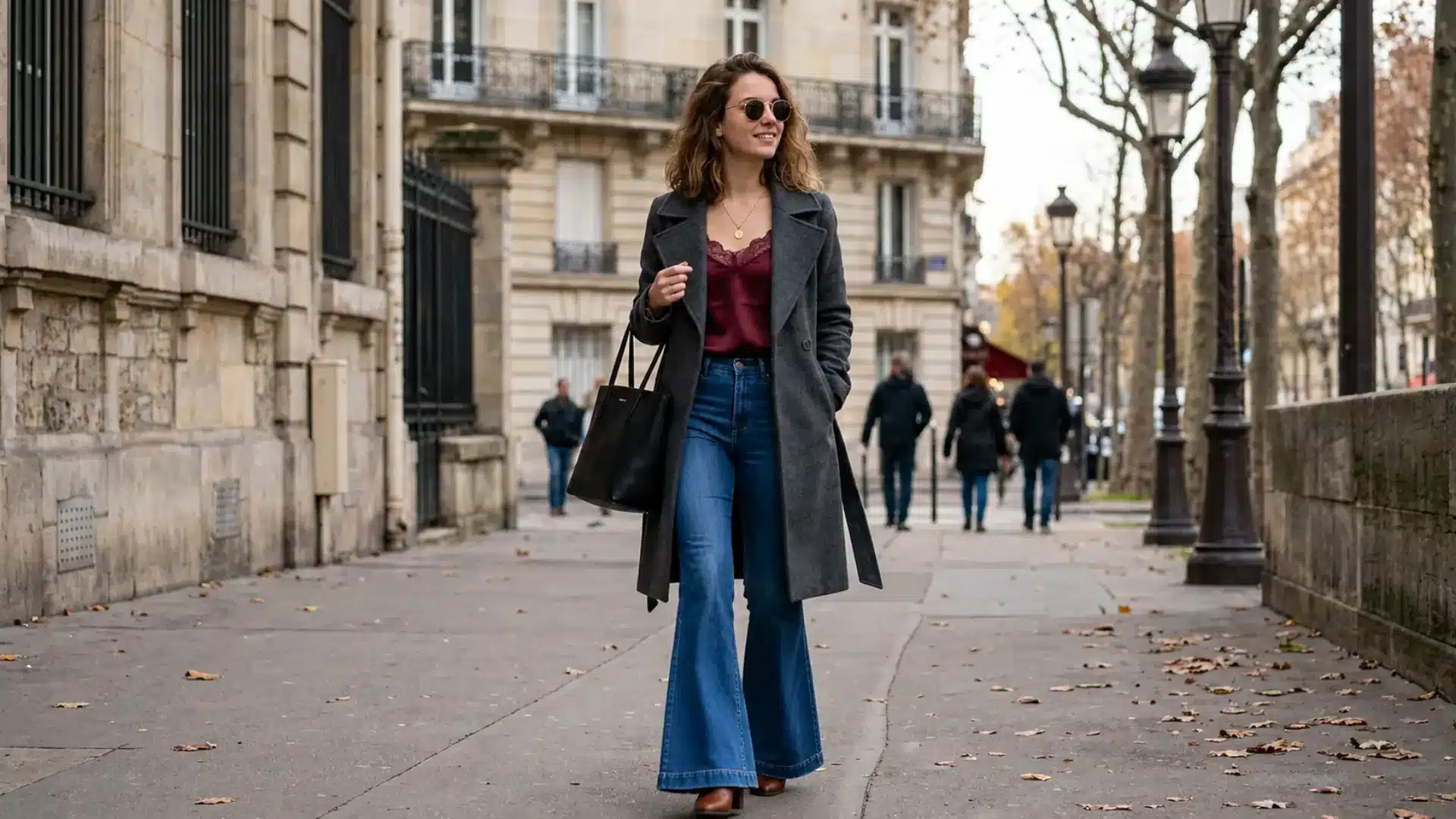 Woman in gray coat, burgundy top, and blue flare jeans walking on a Paris-style street