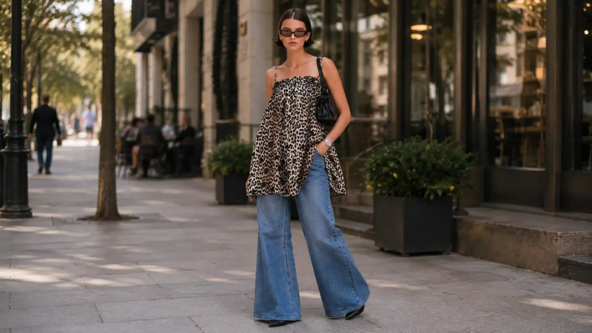 Woman in leopard print dress top with blue flare jeans and black heels on city street