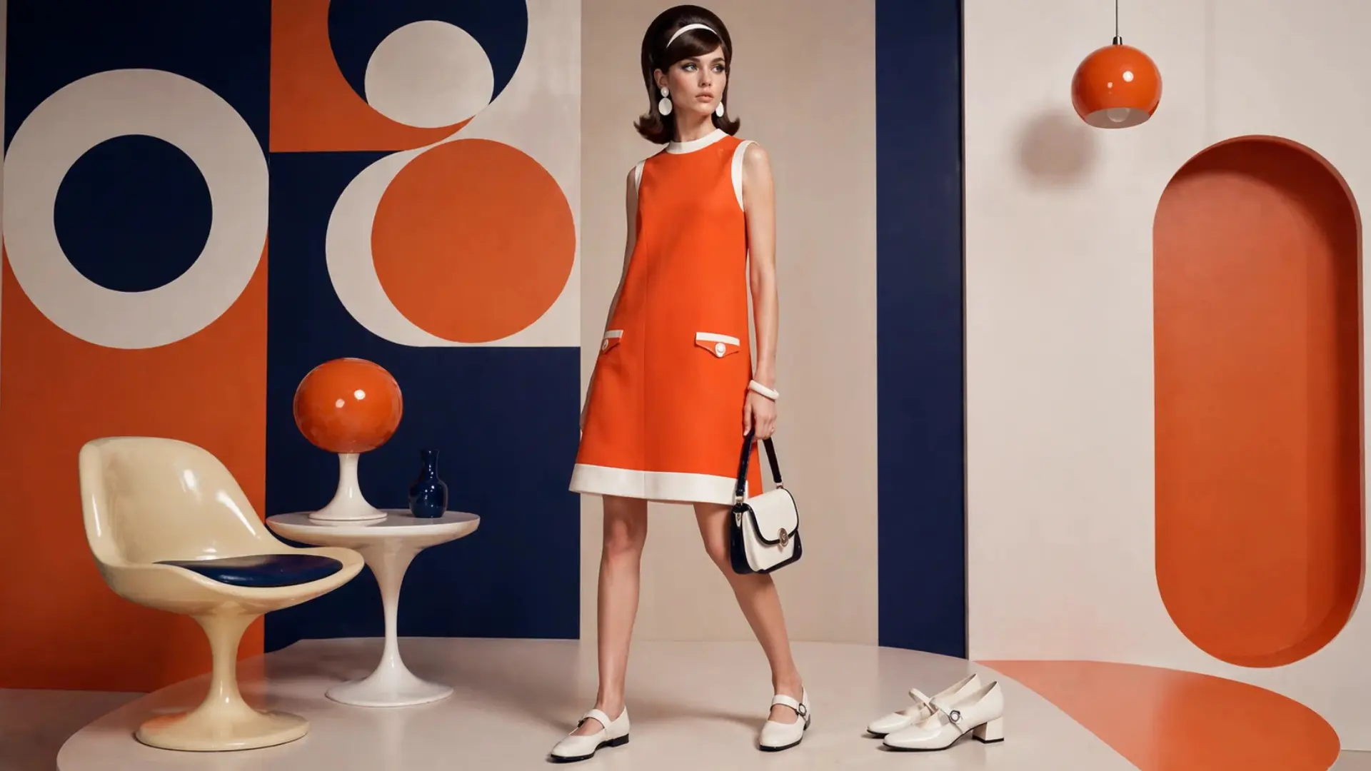Woman in orange retro dress standing in a geometric mid-century modern fashion studio setup