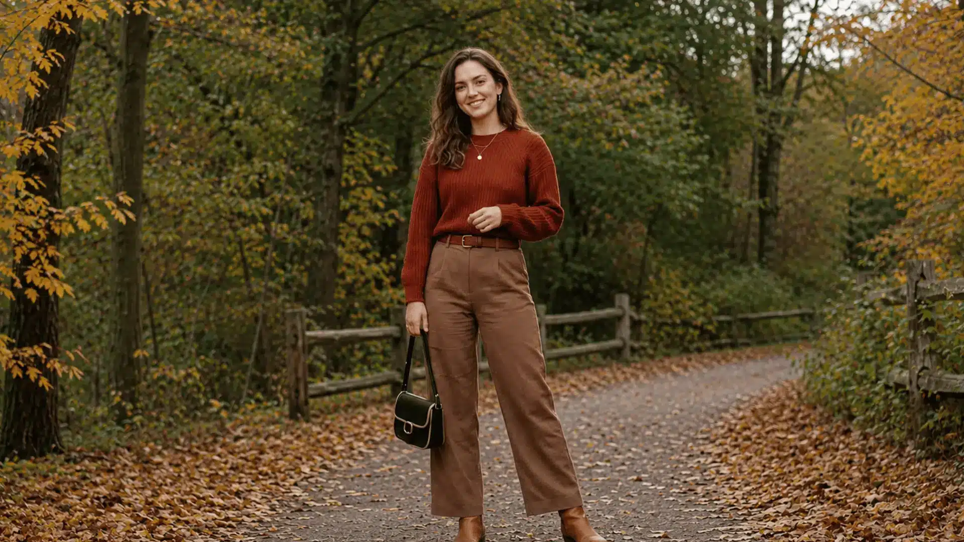 Woman in rust top with medium brown pants outdoors