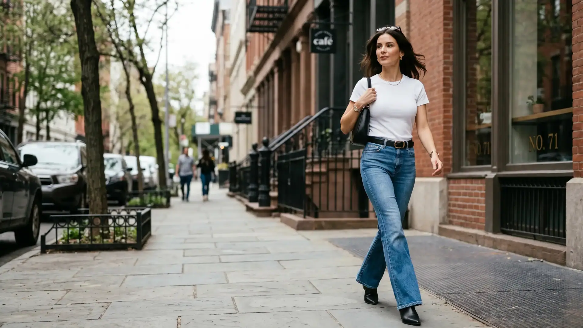 Woman in white fitted tee and blue flare jeans walking on a stylish city sidewalk